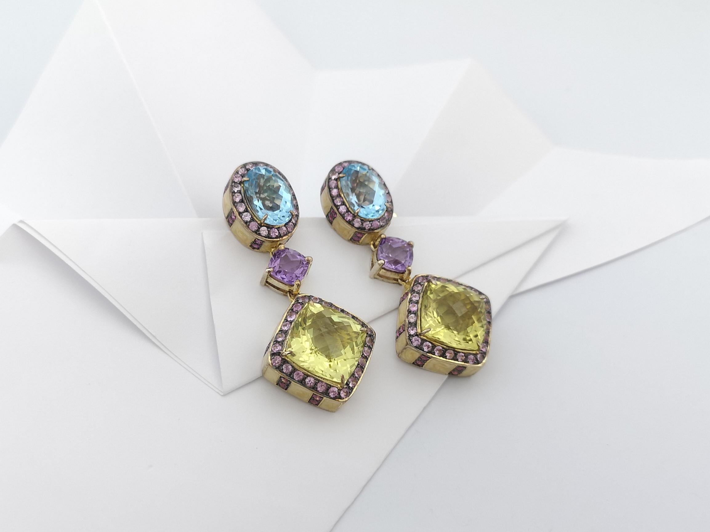 Lemon Quartz, Blue Topaz, Amethyst and Sapphire Earrings set in Silver Settings For Sale 3