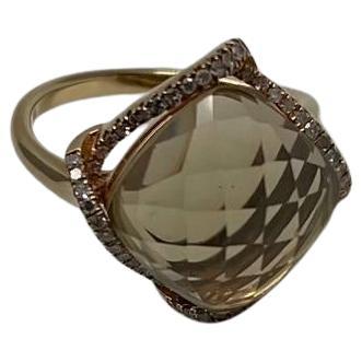 Lemon Quartz Checkerboard Cut Diamond Halo 14K Yellow Gold Statement Ring