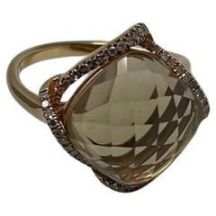 Lemon Quartz Checkerboard Cut Diamond Halo 14K Yellow Gold Statement Ring