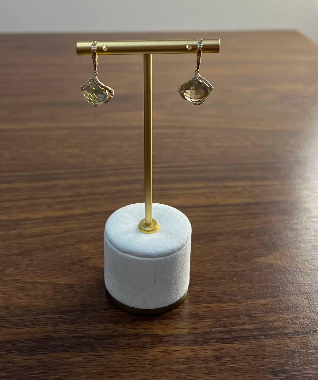 Orecchini a scacchiera in quarzo limone con diamanti a raggiera in oro giallo 14K in vendita 1