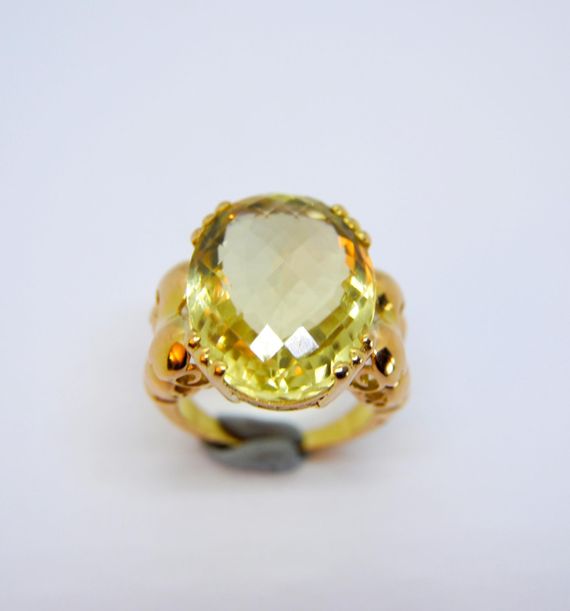Lemon Quartz Oval multifaceted shape measure 22mmx17mm or 0.86x0.66 iches 
Large size ring Europe 20 / US 9
Weight 16.8gr 
Please note that carat weights may slightly vary as each Irama Pradera Jewels creation is handmade. 

PRADERA is a  second