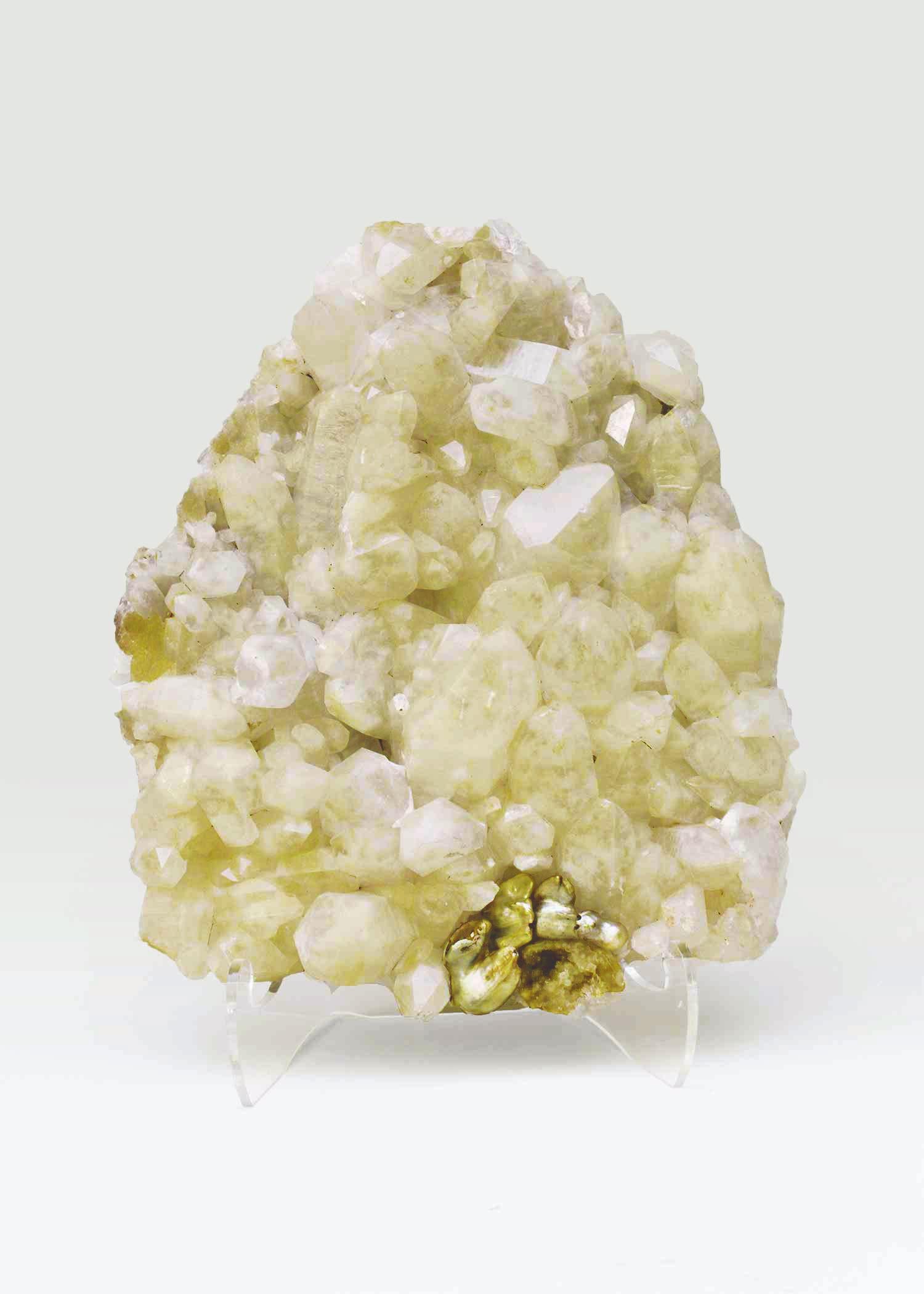 Lemon quartz crystal cluster with coordinating natural forming Baroque pearls and geode on a Lucite stand. Lemon Quartz is known for its vibrant color that naturally forms in its matrix. 

This is an unusually large specimen of the particular