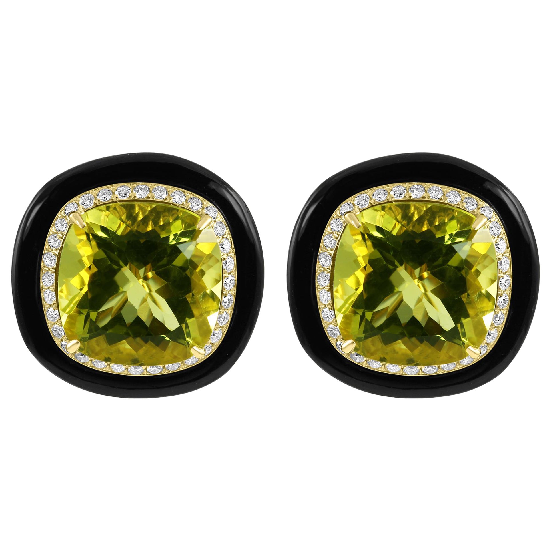 Art Deco-Ohrring aus 18 Karat Gold mit Zitronenquarz im Kissenschliff und Diamant-Onyx-Halo 27,72 Karat Gold
