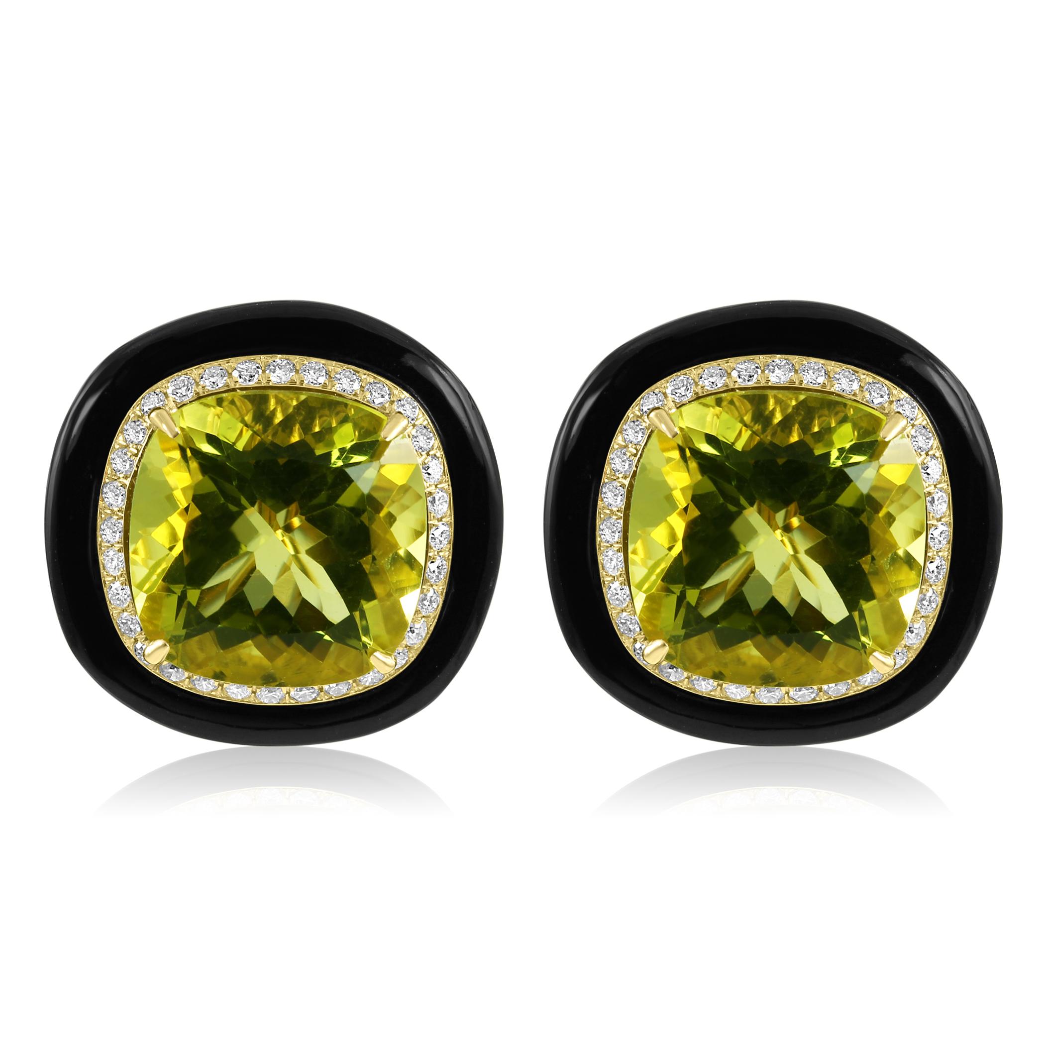 Women's or Men's Lemon Quartz Cushion Diamond Onyx Halo 27.72 CT 18K Yellow Gold Art Deco Earring For Sale