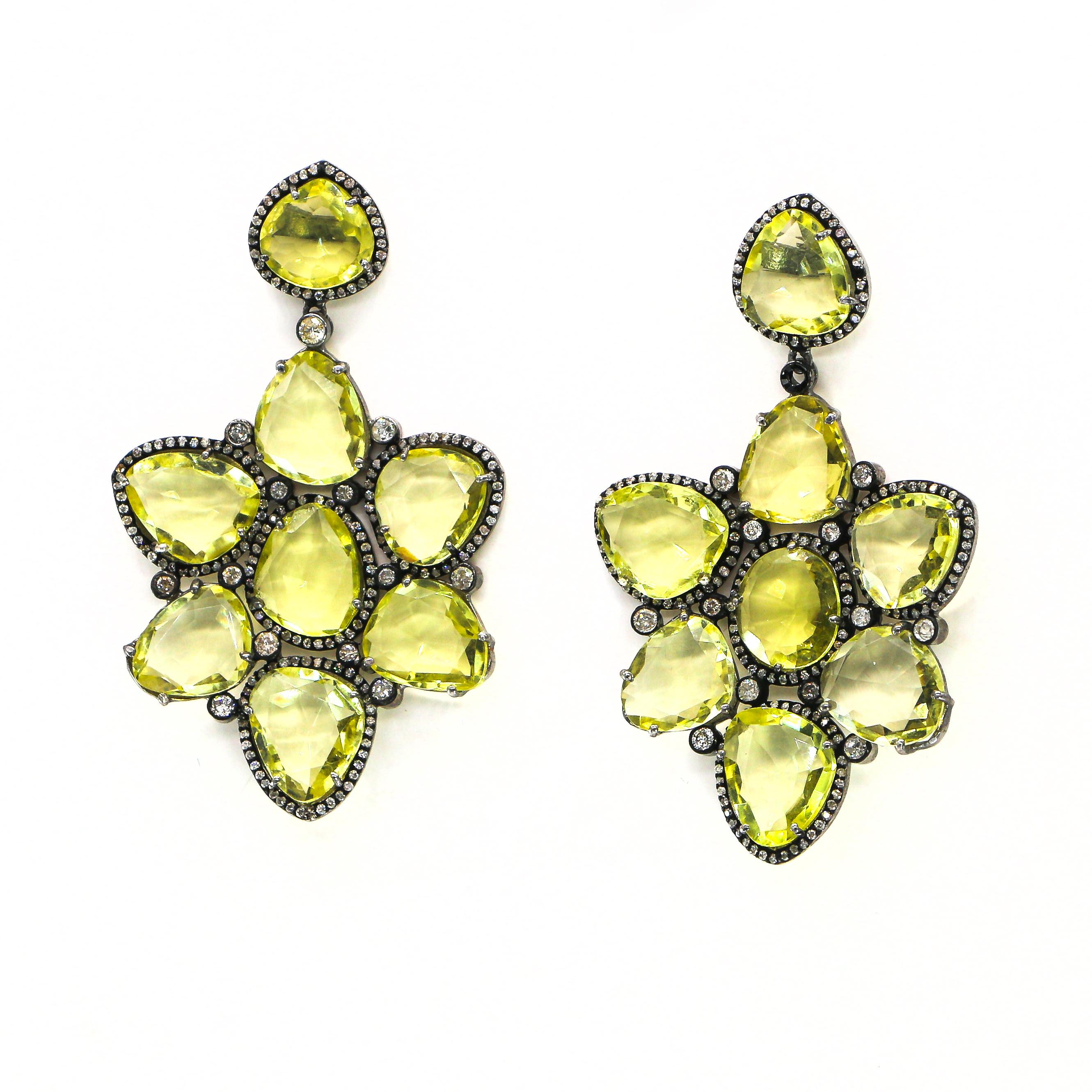 Lemon Quartz and Diamonds Earrings 14 Karat Gold and Silver In Excellent Condition In Carlsbad, CA