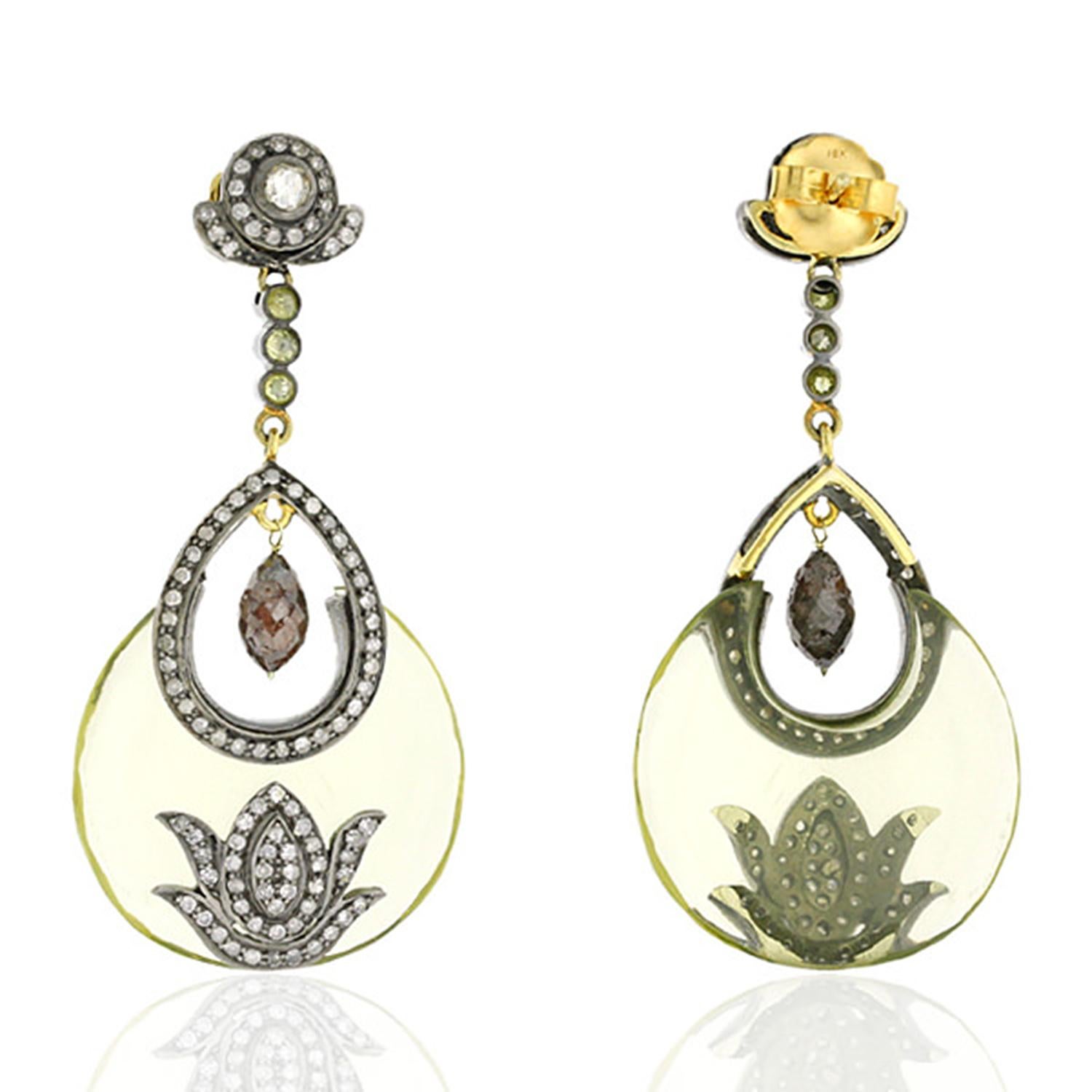 Art Deco Lemon Quartz Earrings with Mounted Pave Diamonds in 18k Yellow Gold & Silver For Sale