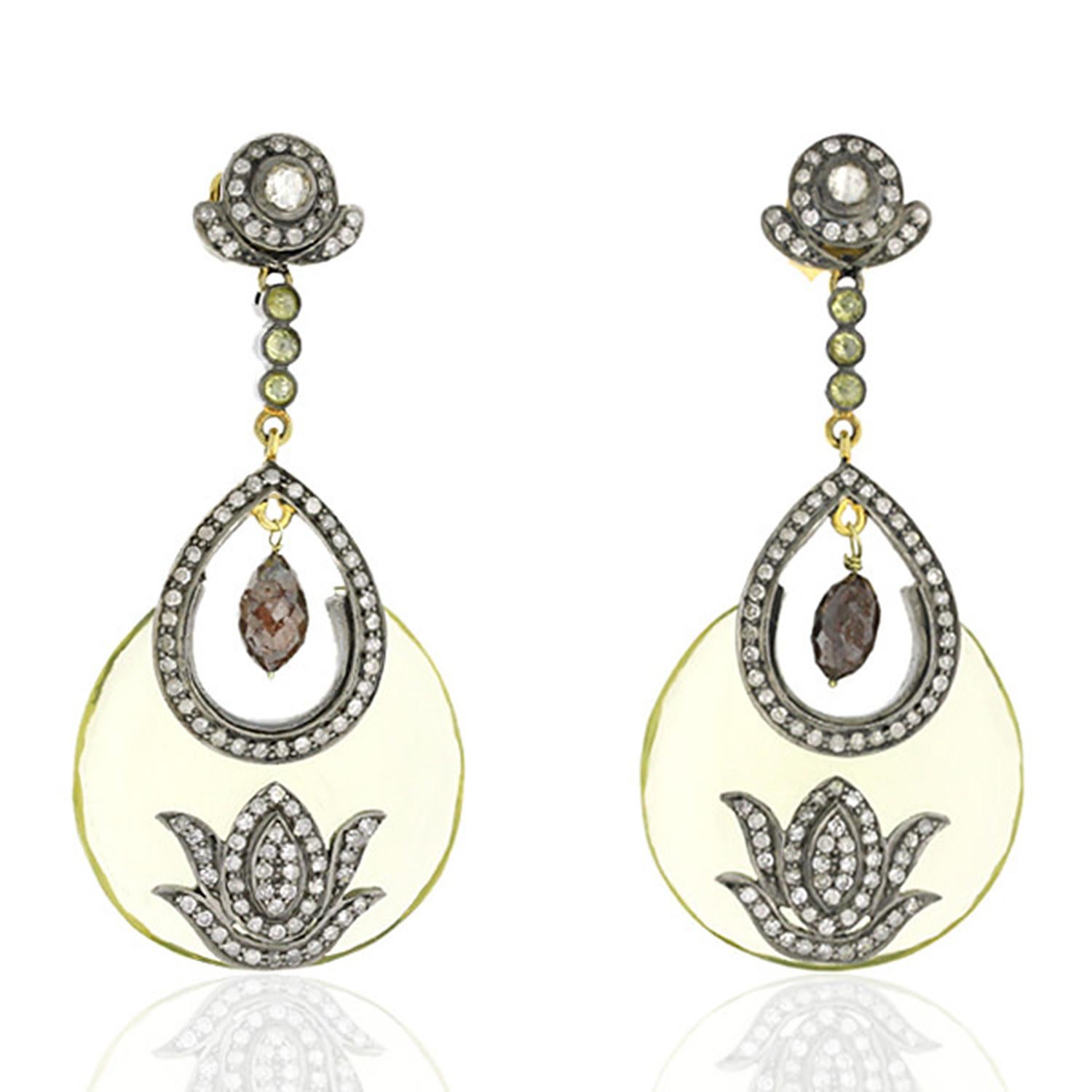 Mixed Cut Lemon Quartz Earrings with Mounted Pave Diamonds in 18k Yellow Gold & Silver For Sale