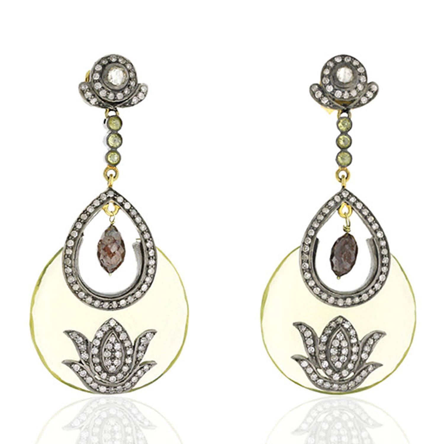 Lemon Quartz Earrings with Mounted Pave Diamonds in 18k Yellow Gold & Silver In New Condition For Sale In New York, NY