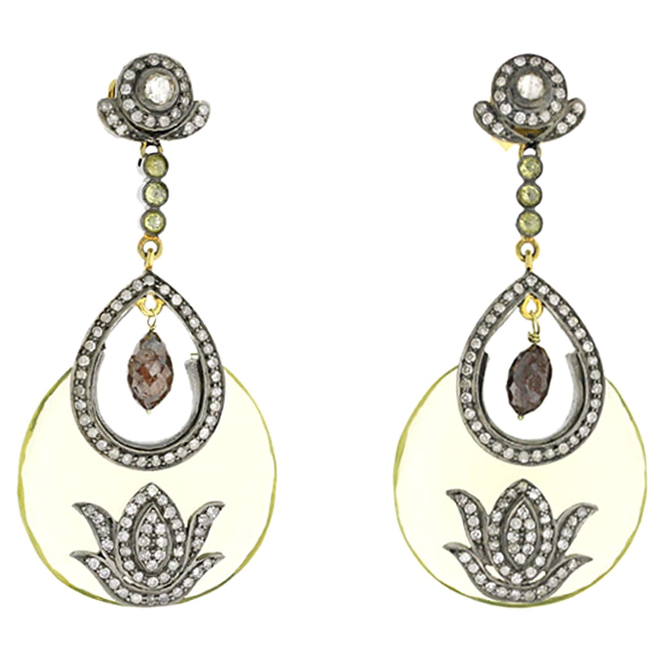 Zitronenquarz-Ohrringe mit montierten Pavé-Diamanten aus 18 Karat Gelbgold und Silber