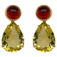 Vintage Lemon Quartz & Garnet 18k Yellow Gold Drop Earrings