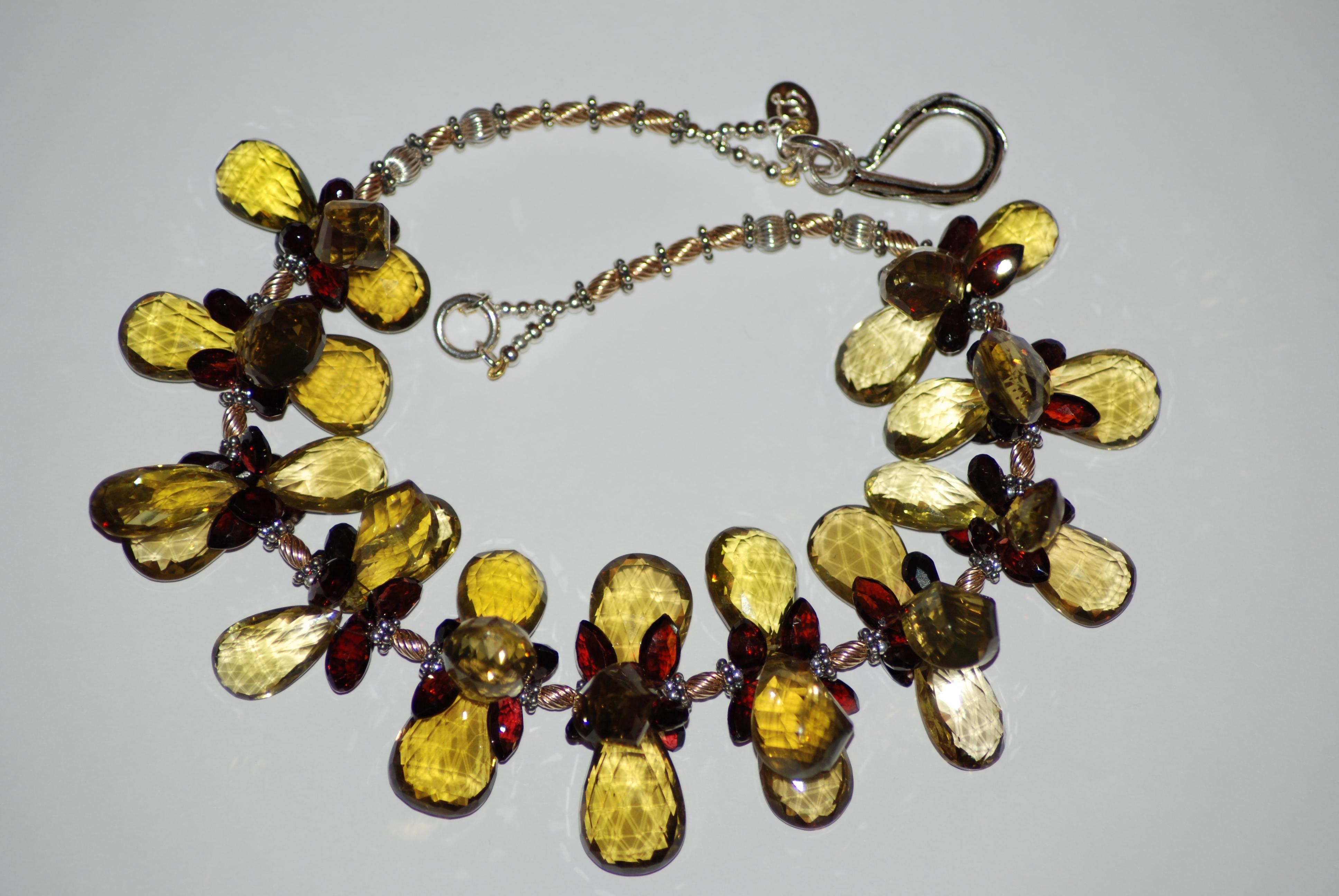 Lemon Quartz Garnet Silver Gold Necklace In New Condition For Sale In Kansas City, MO