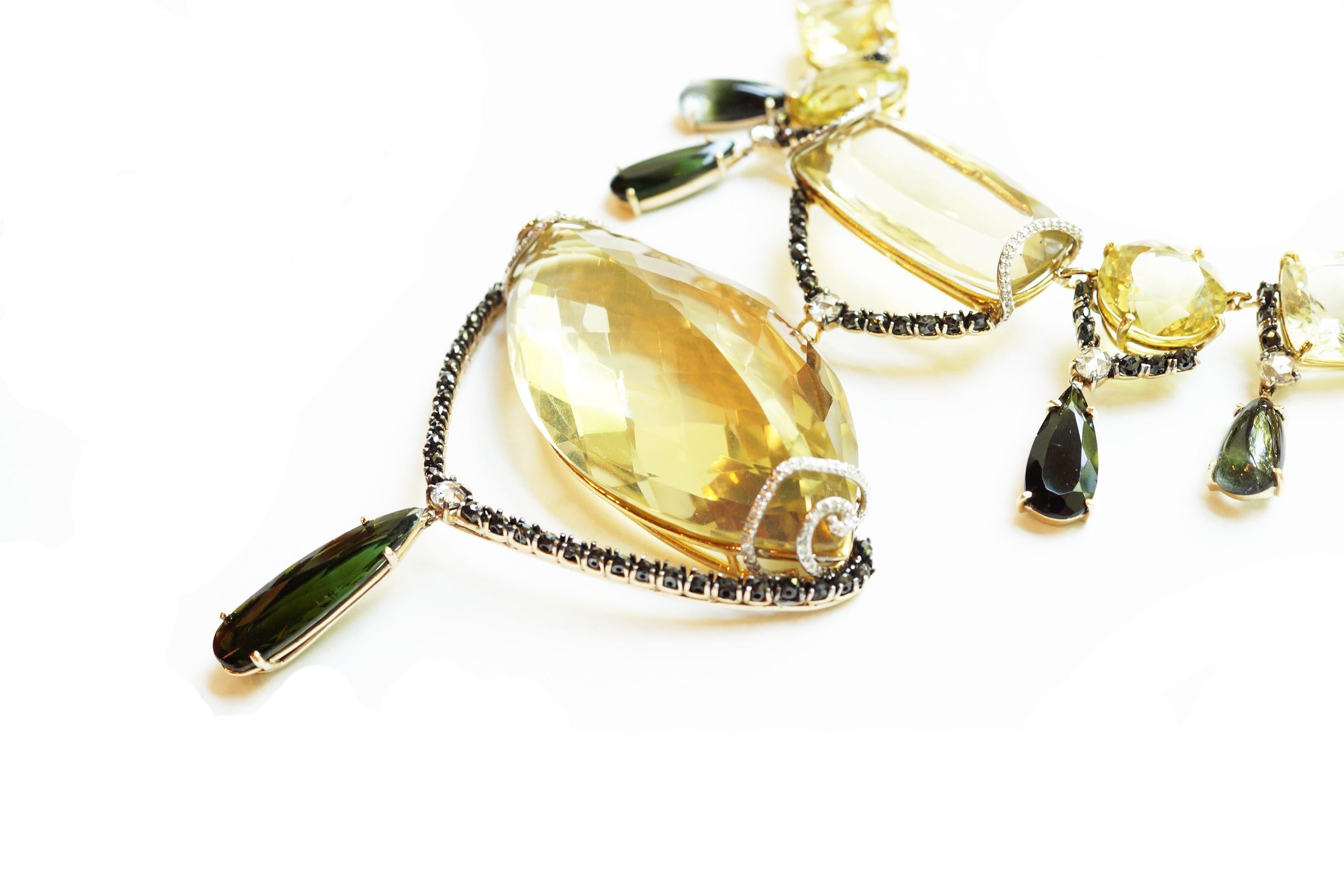Sharon Khazzam Lemon Quartz, Green Tourmaline and Diamond Melanie Necklace In New Condition For Sale In Great Neck, NY