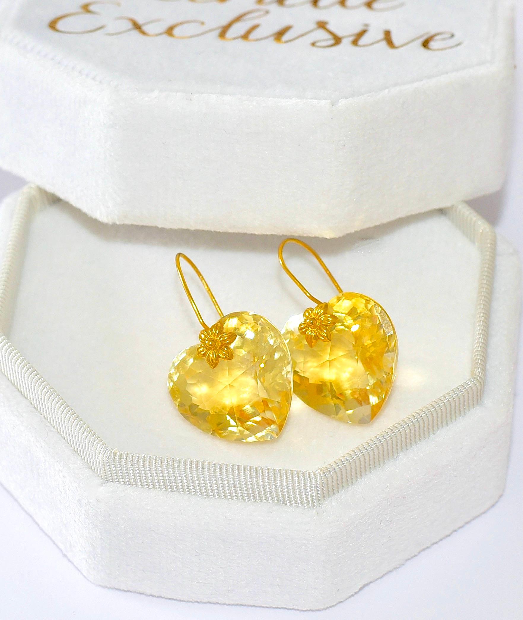 Modern Lemon Quartz Heart Shape Earrings in 18K Solid Yellow Gold