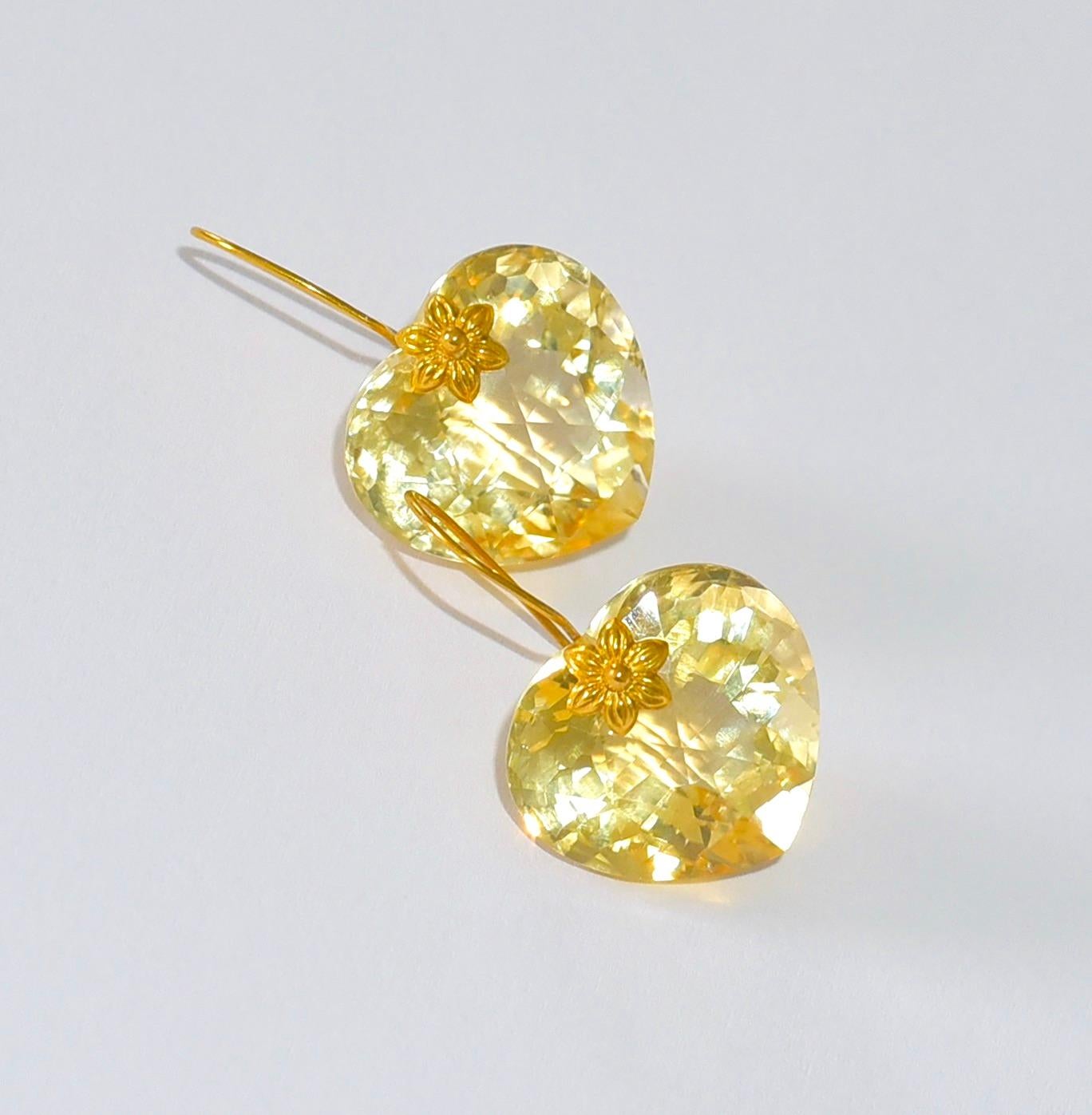 Lemon Quartz Heart Shape Earrings in 18K Solid Yellow Gold 1