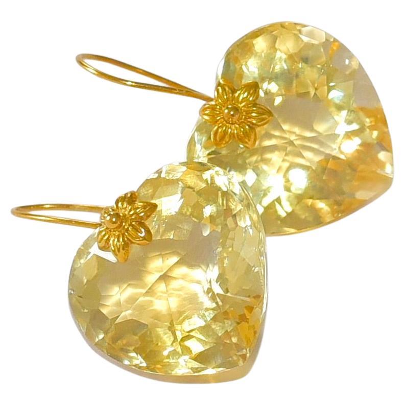 Lemon Quartz Heart Shape Earrings in 18K Solid Yellow Gold