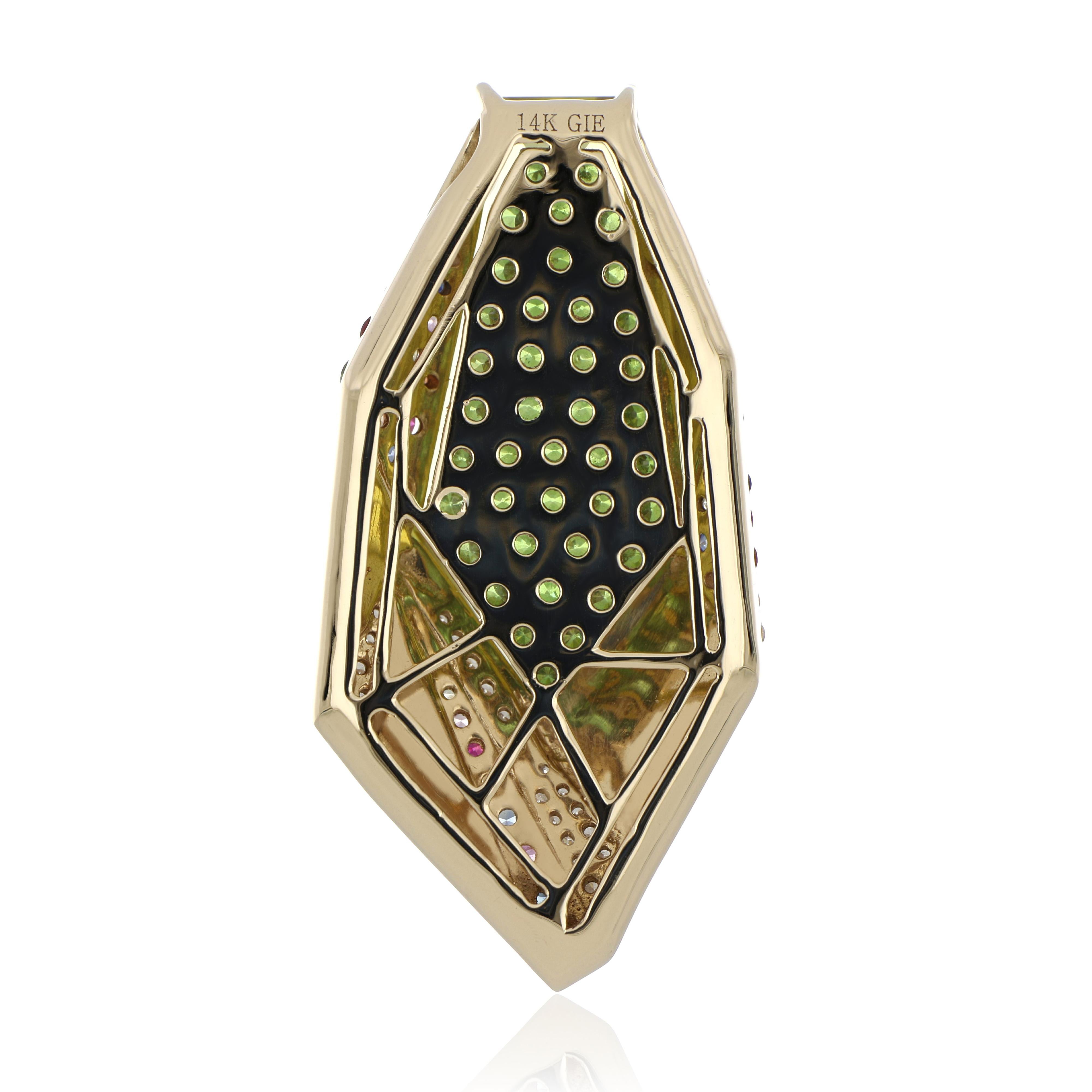 Contemporary Lemon Quartz, Multi Sapphire and Diamond Studded Pendant in 14karat Yellow Gold For Sale