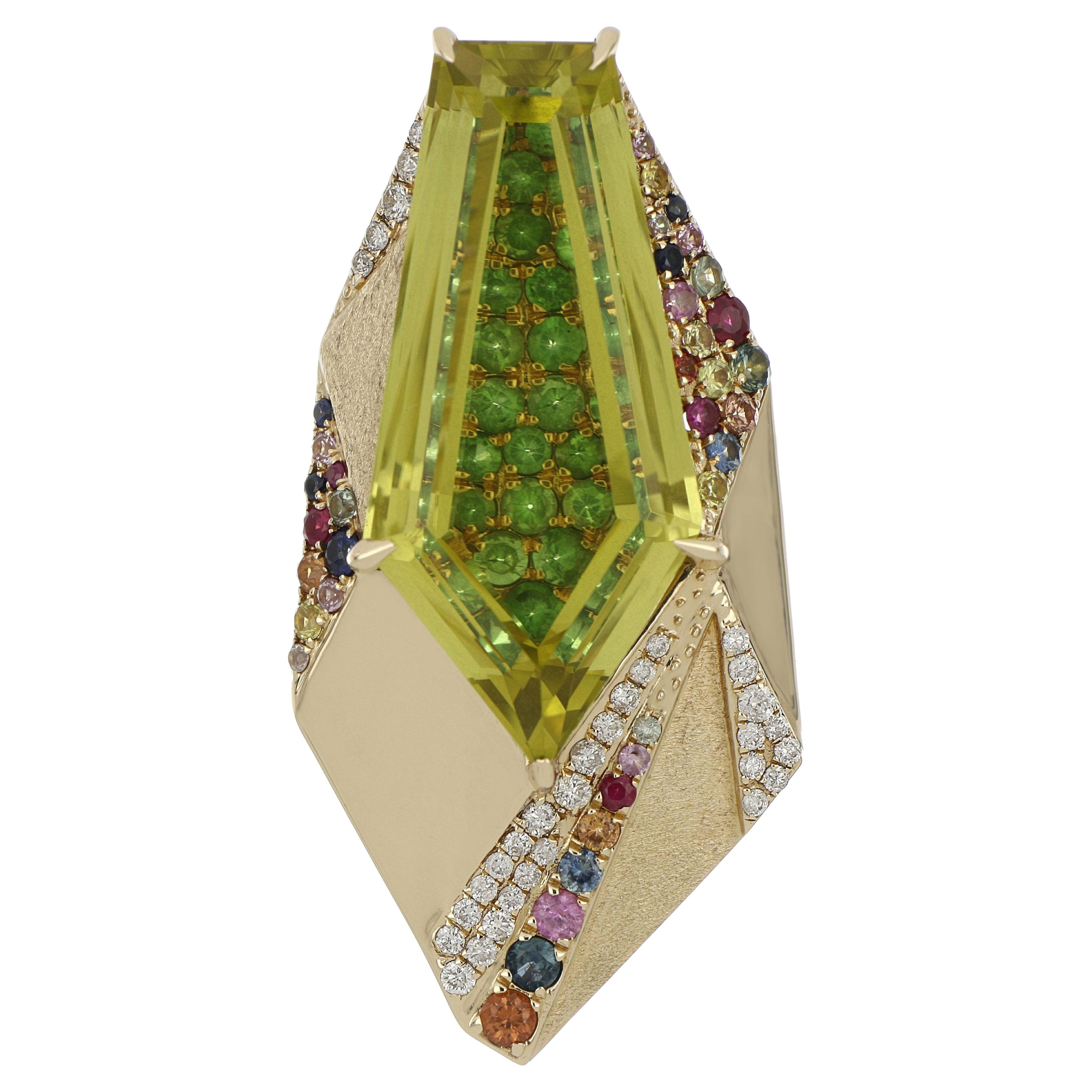 Pendentif clouté en or jaune 14 carats, quartz citron, saphirs multiples et diamants