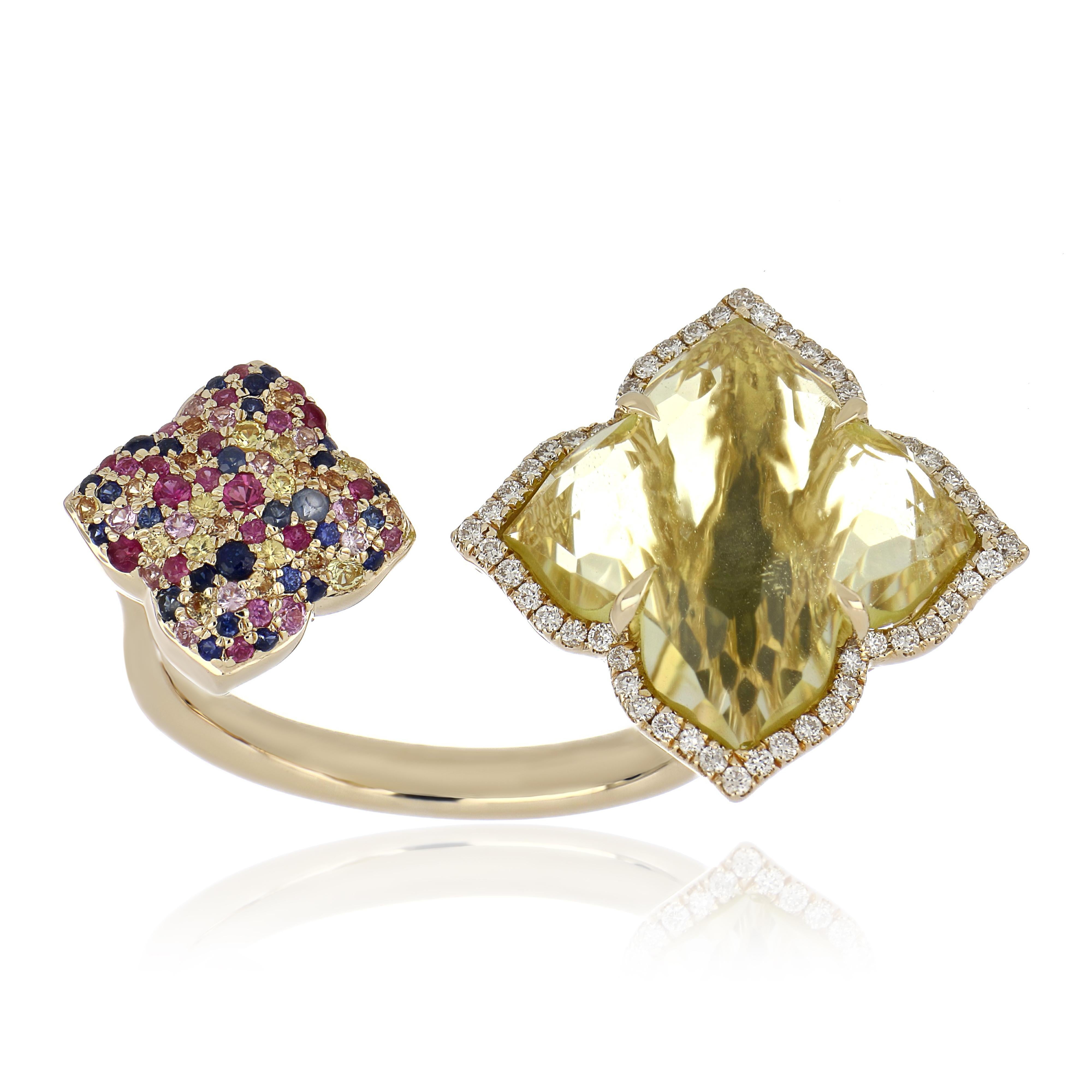For Sale:  Lemon Quartz, Multi Sapphire and Diamond Studded Ring 14 Karat Yellow Gold 2