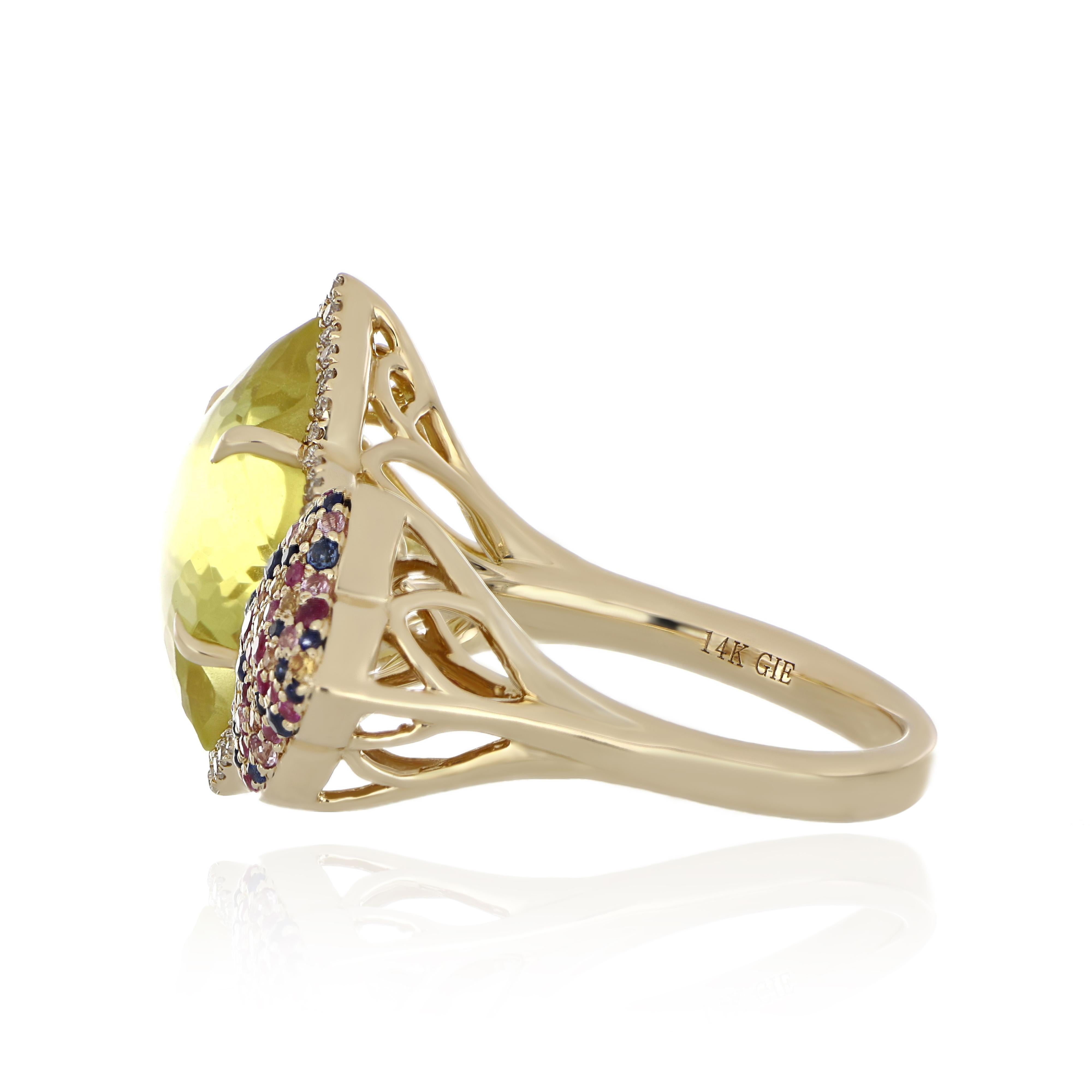 For Sale:  Lemon Quartz, Multi Sapphire and Diamond Studded Ring 14 Karat Yellow Gold 4