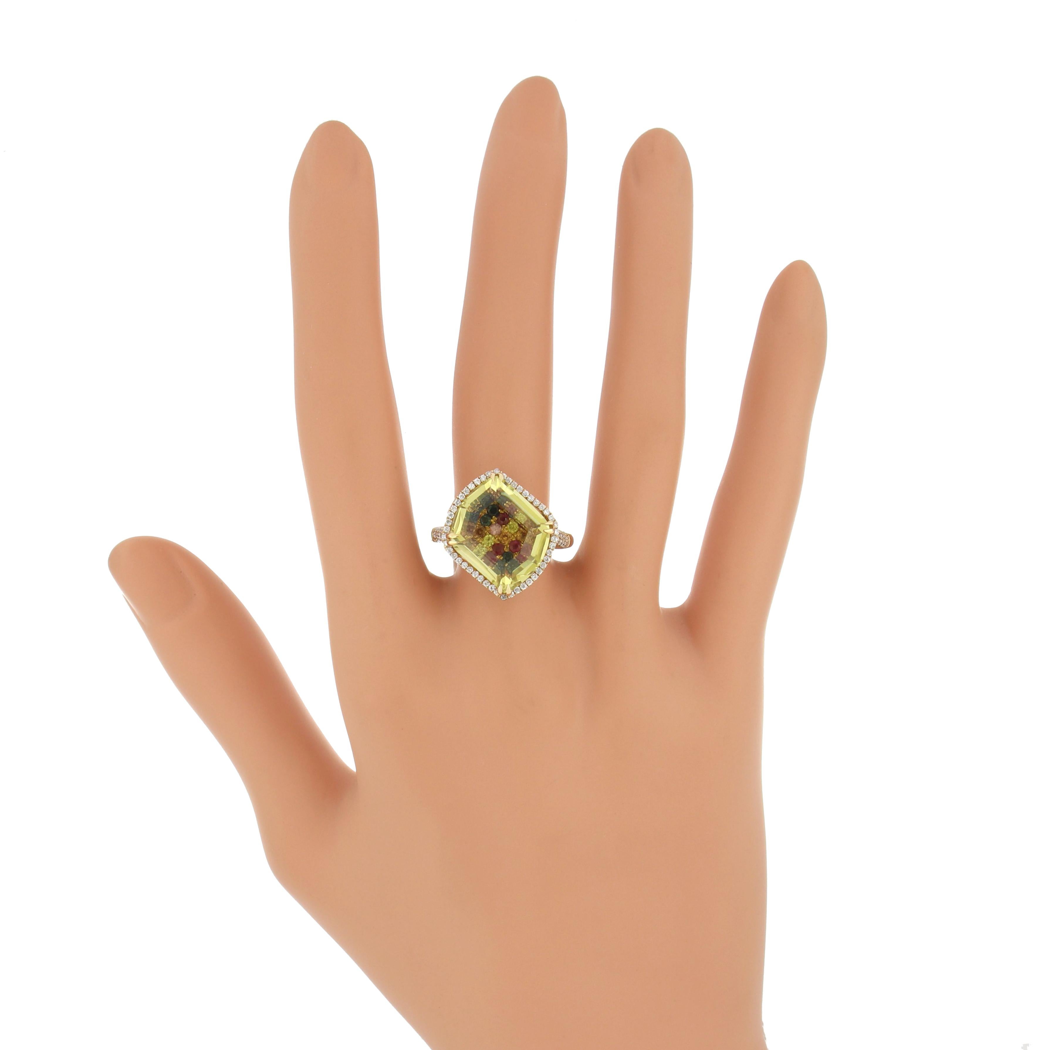 Lemon Quartz, Multi Sapphire and Diamond Studded Ring in 14 Karat Yellow Gold For Sale 2