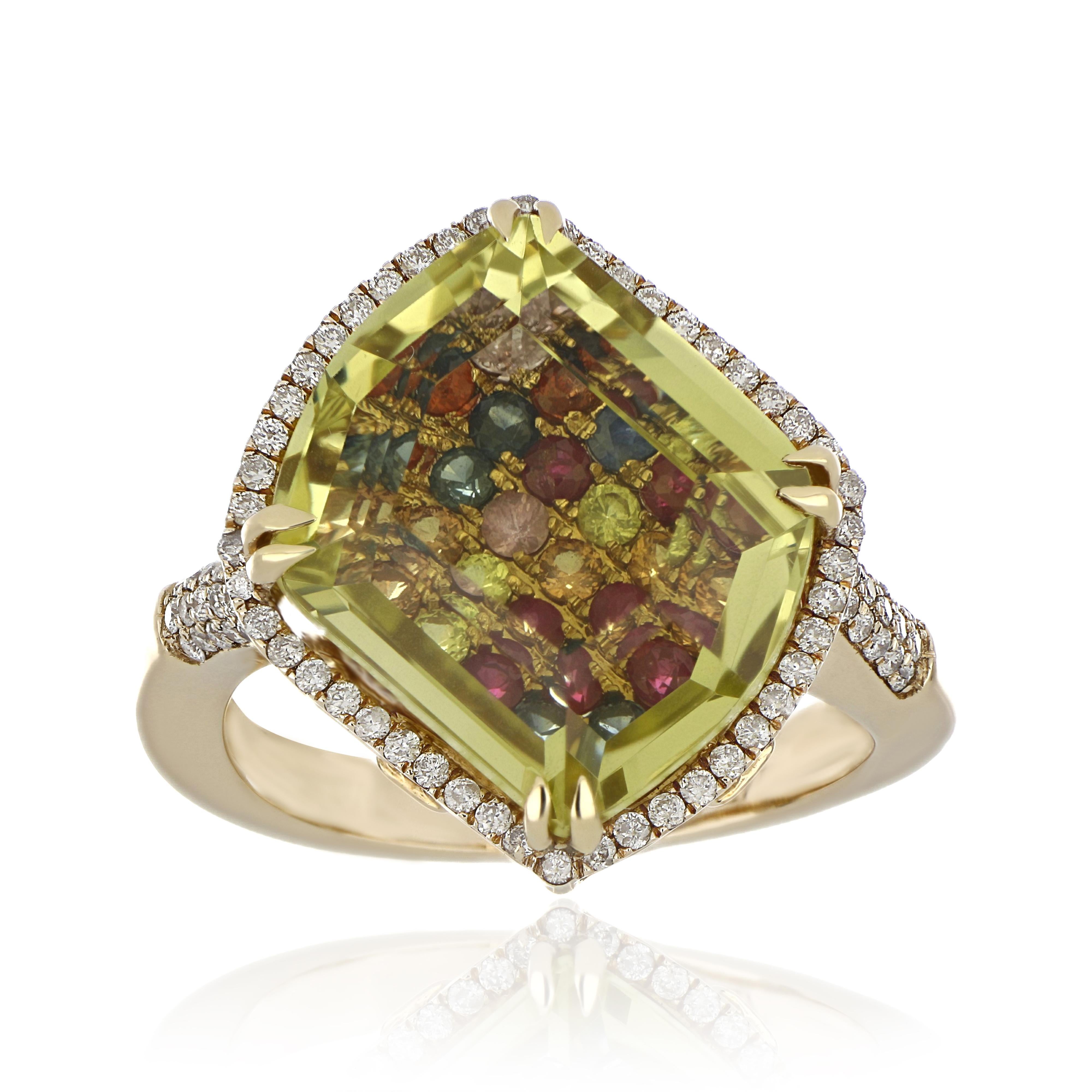 14 Karat Yellow Gold ring studded with fancy cut 10.28 Ct Lemon Quartz,  with unique under stone setting of 0.91 Cts Multi Sapphire and 0.312 Ct Diamond. Beautifully hand crafted in 14 Karat Yellow Gold.

Stone Details:
Lemon Quartz: 17.2x14.45