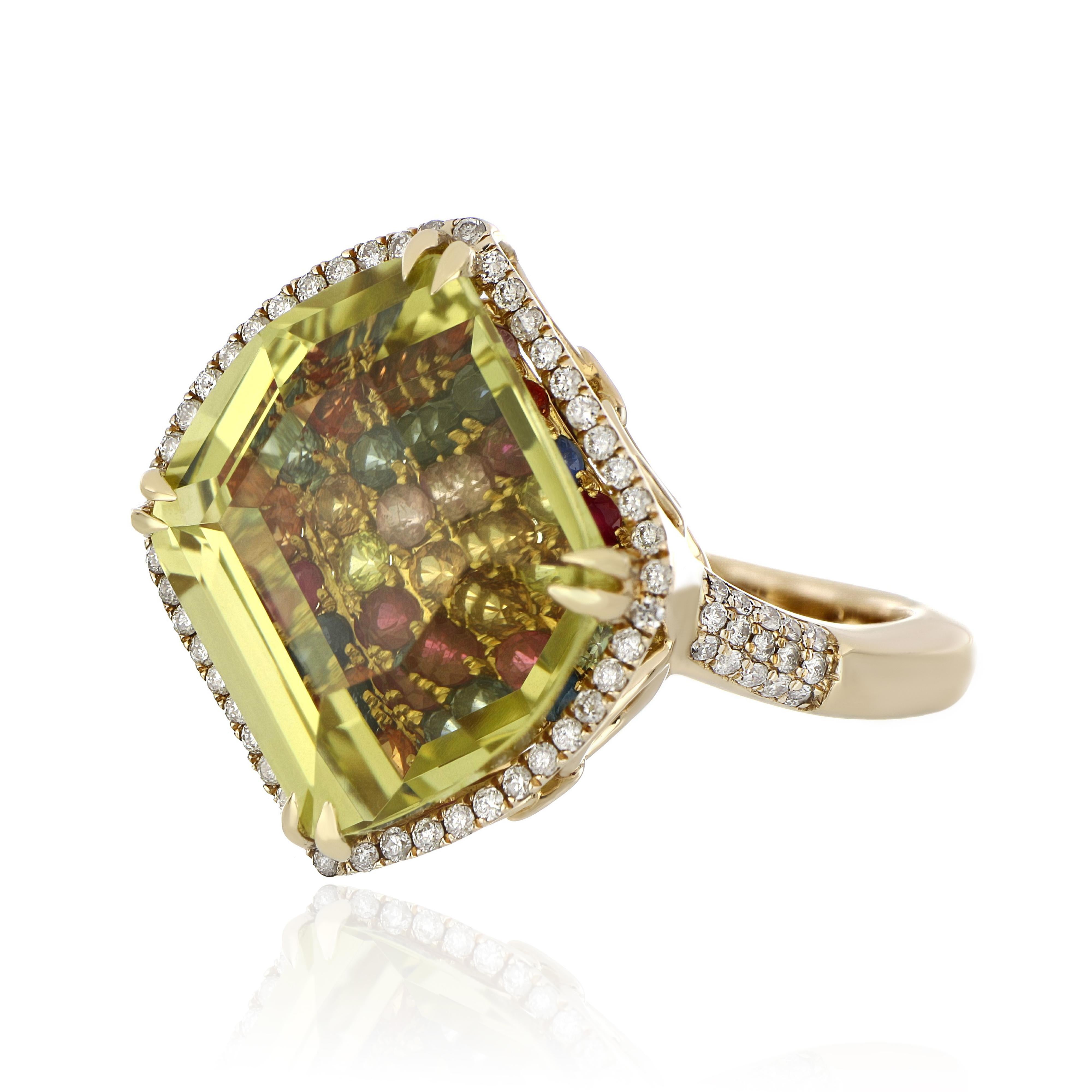 Contemporary Lemon Quartz, Multi Sapphire and Diamond Studded Ring in 14 Karat Yellow Gold For Sale