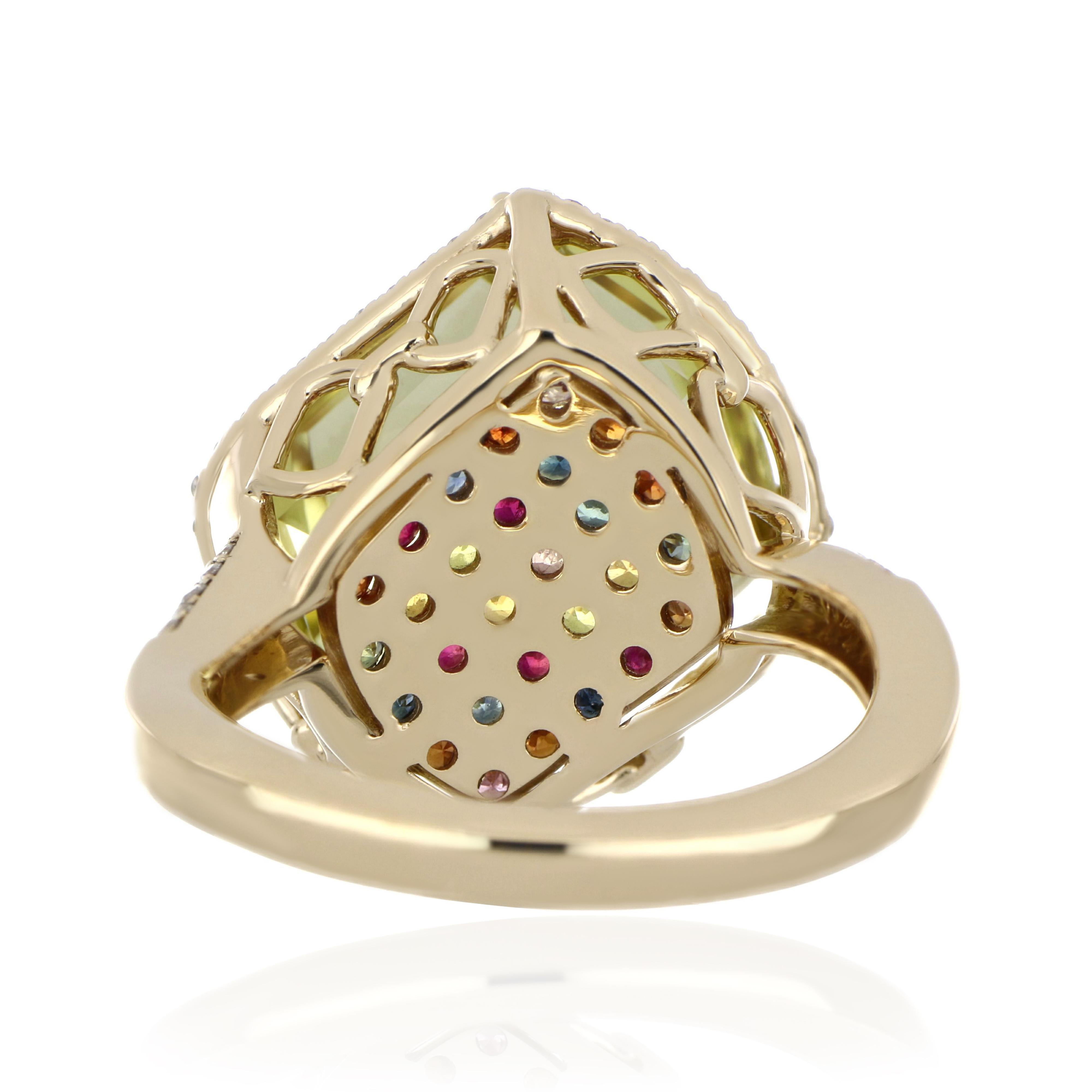 Lemon Quartz, Multi Sapphire and Diamond Studded Ring in 14 Karat Yellow Gold In New Condition For Sale In JAIPUR, IN