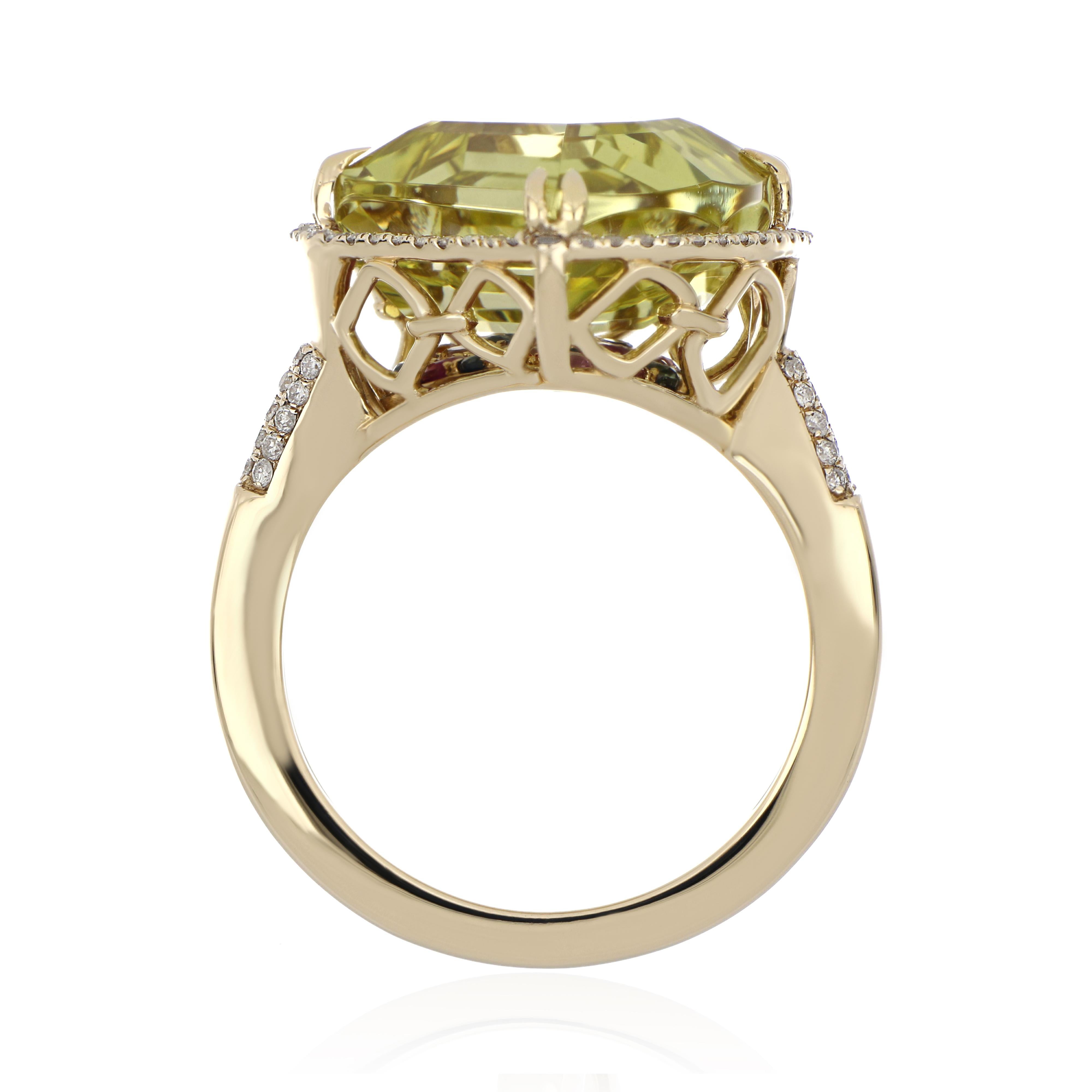 Lemon Quartz, Multi Sapphire and Diamond Studded Ring in 14 Karat Yellow Gold For Sale 1