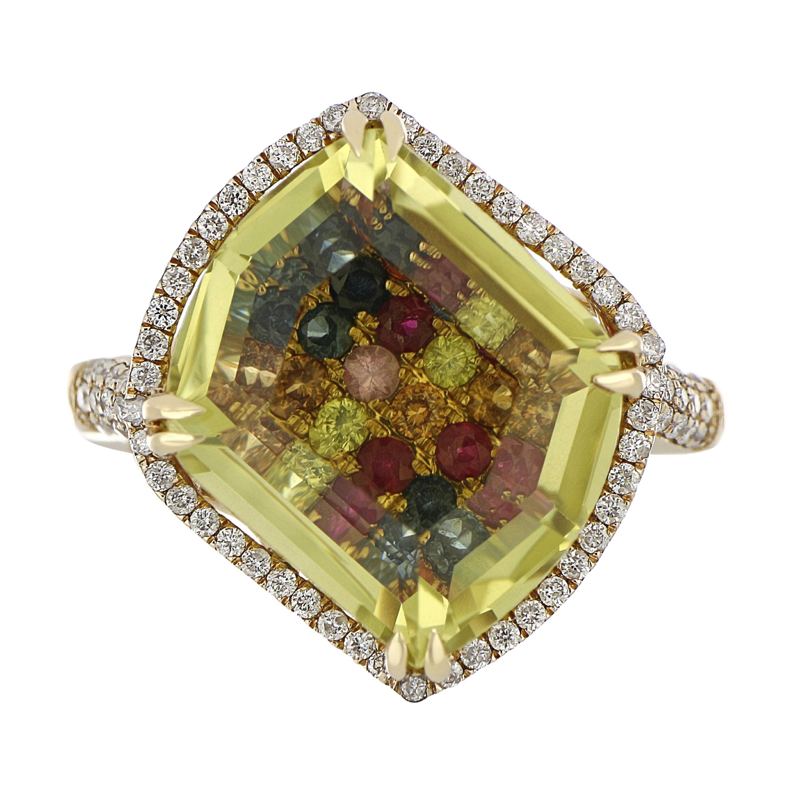 Lemon Quartz, Multi Sapphire and Diamond Studded Ring in 14 Karat Yellow Gold For Sale