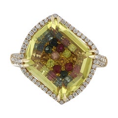 Bague cloutée en or jaune 14 carats, saphirs multicolores et diamants