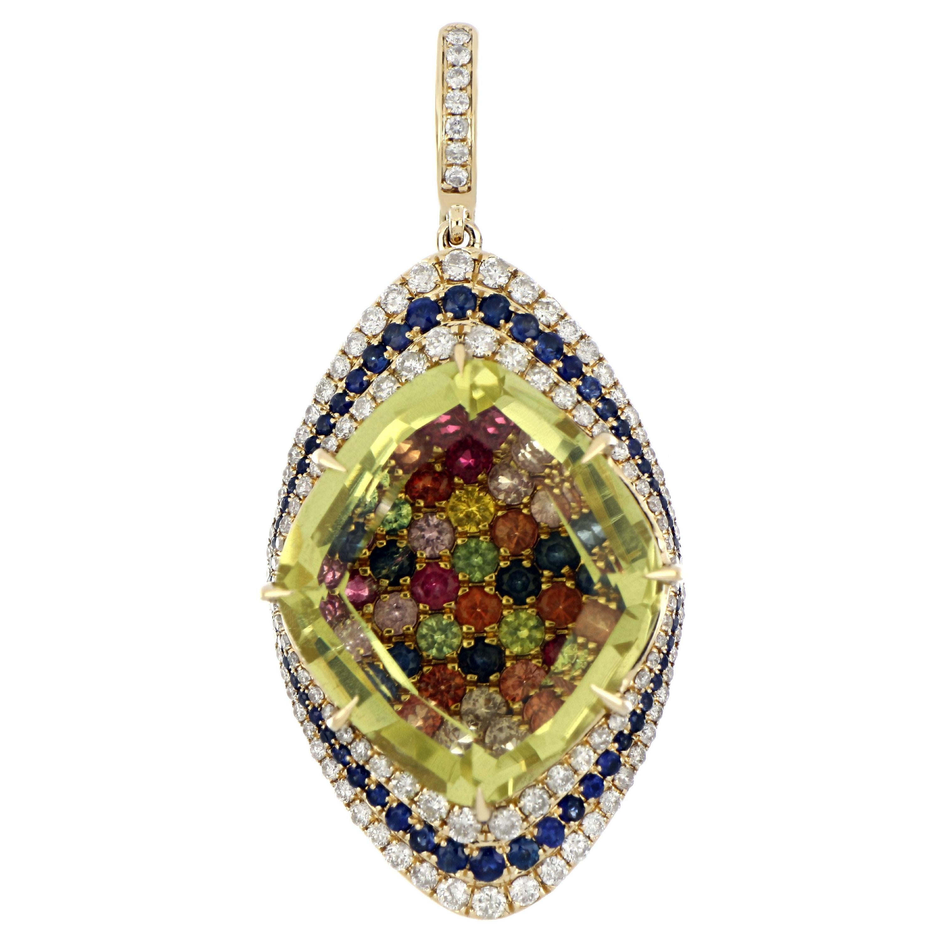 Lemon Quartz, Multi Sapphire & Diamond Studded Pendant in 14 Karat Yellow Gold For Sale