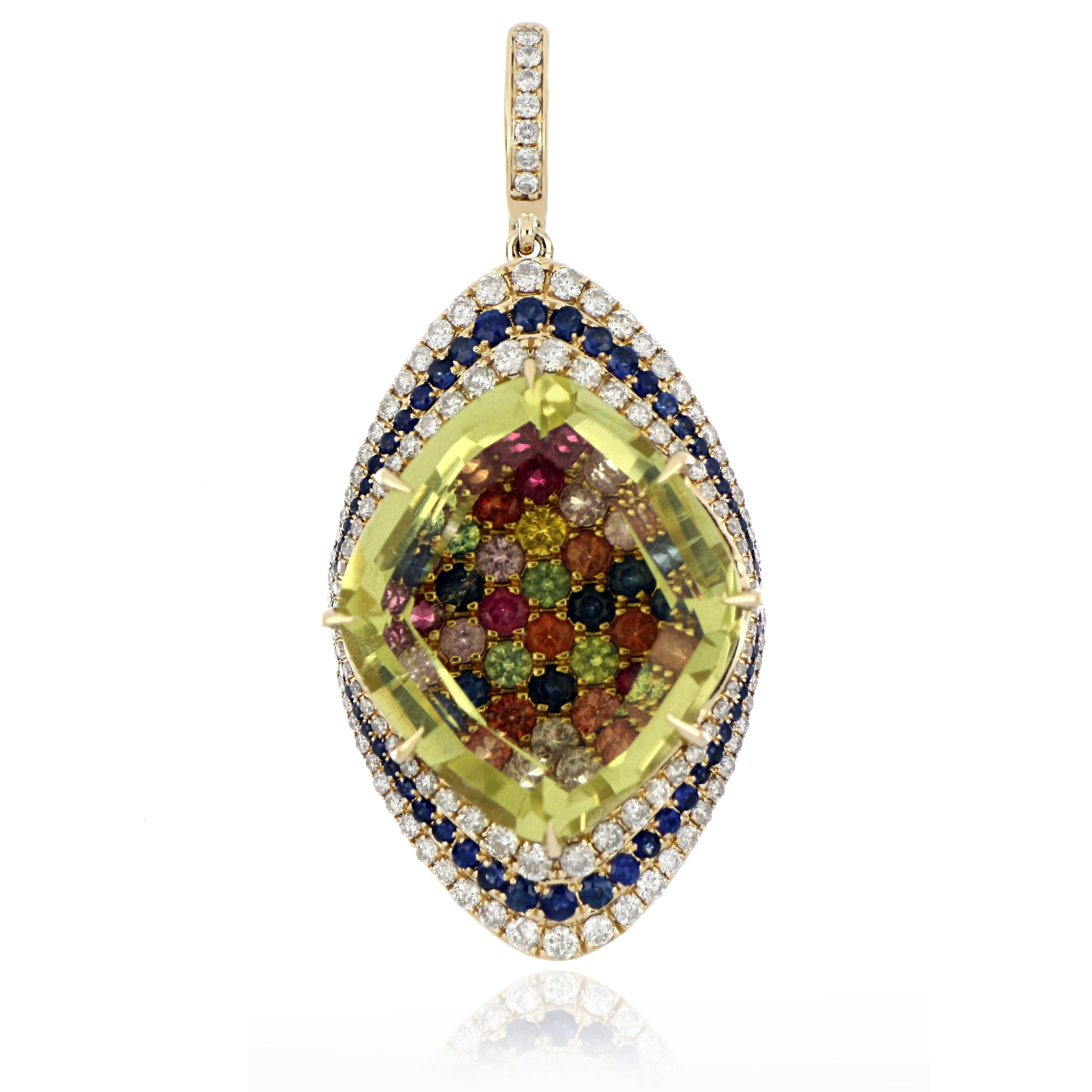 14 Karat Yellow Gold Pendant studded with Fancy Cut  15.46 Ct Lemon Quartz,  with unique under stone setting of 2.35 Ct Multi Sapphire, accented with 0.38 Cts Blue Sapphire and 0.62 Cts Diamonds, hand crafted in 14 Karat Yellow Gold.

Stone