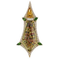 Lemon Quartz, Multi Stone & Diamond Studded Pendant in 14 Karat Yellow Gold