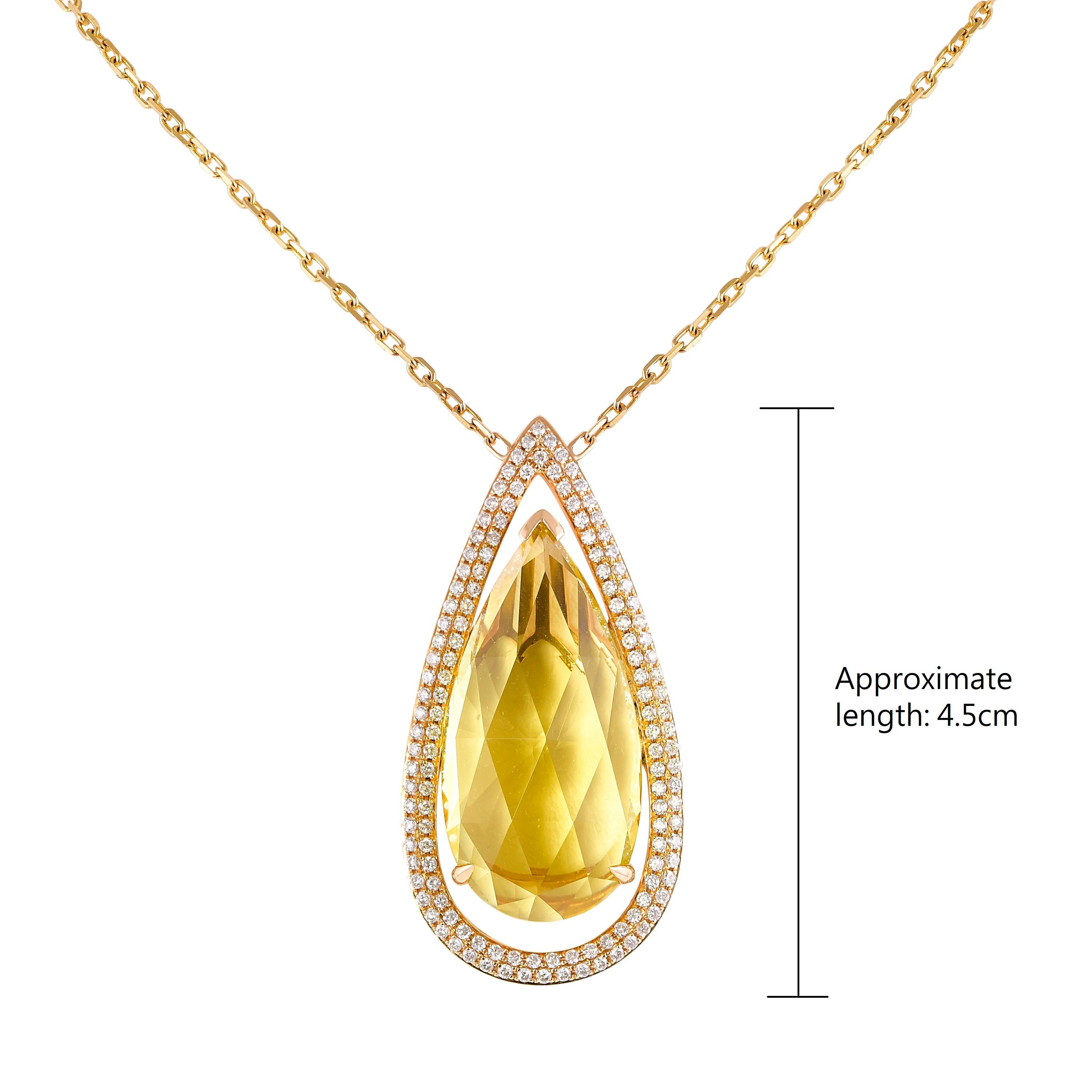 Lemon Quartz Necklace with Diamond in 18 Karat Yellow Gold In New Condition For Sale In Hong Kong, HK