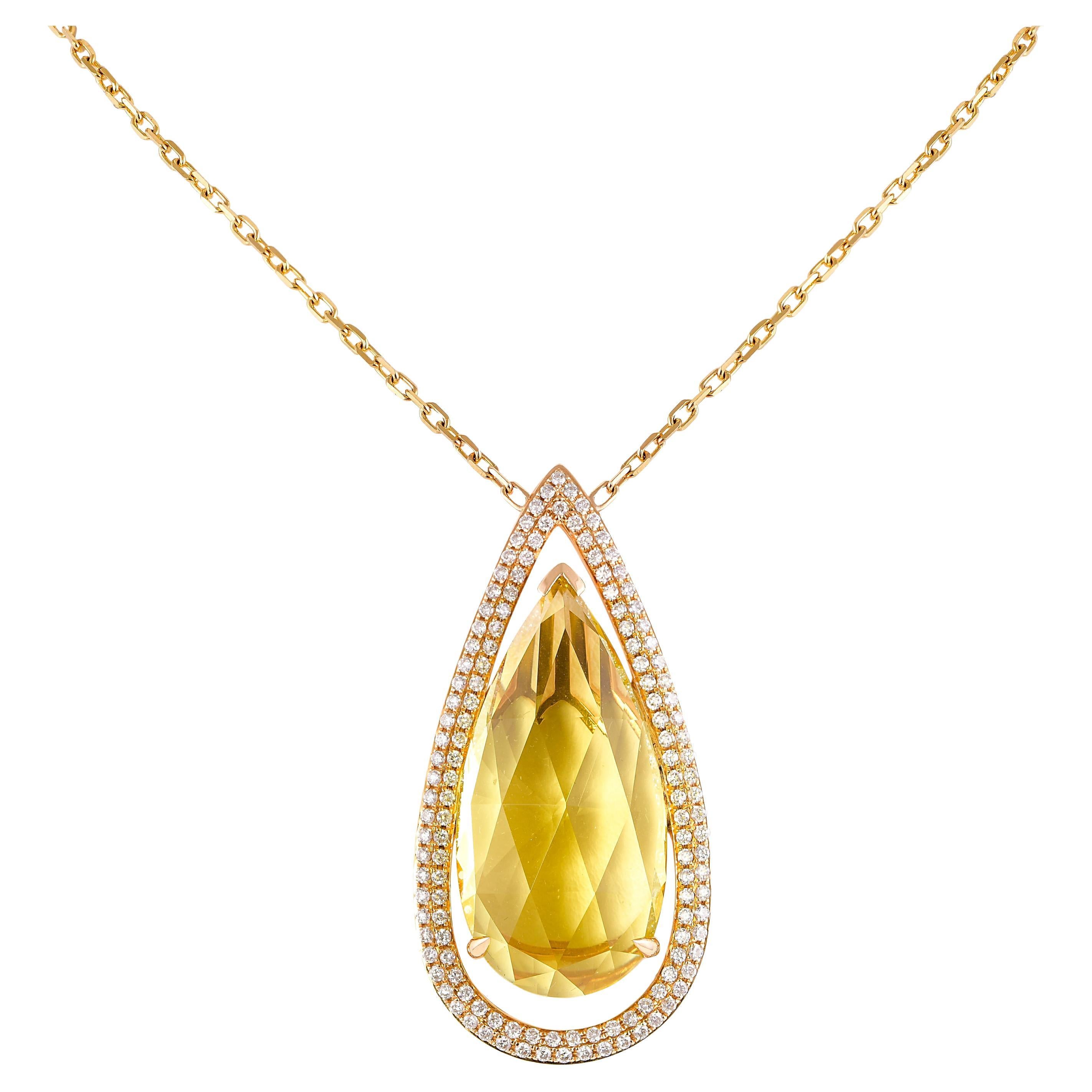 Lemon Quartz Necklace with Diamond in 18 Karat Yellow Gold
