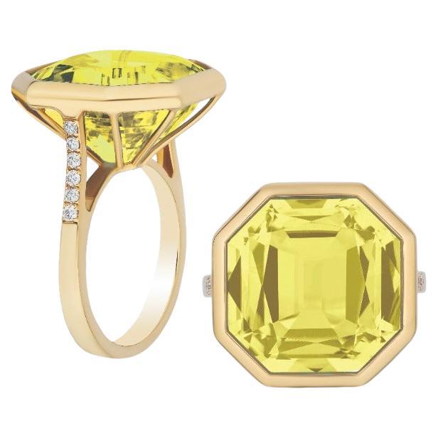 Anillo Octágono de Cuarzo Limón con Diamante en Oro Amarillo de 18 K