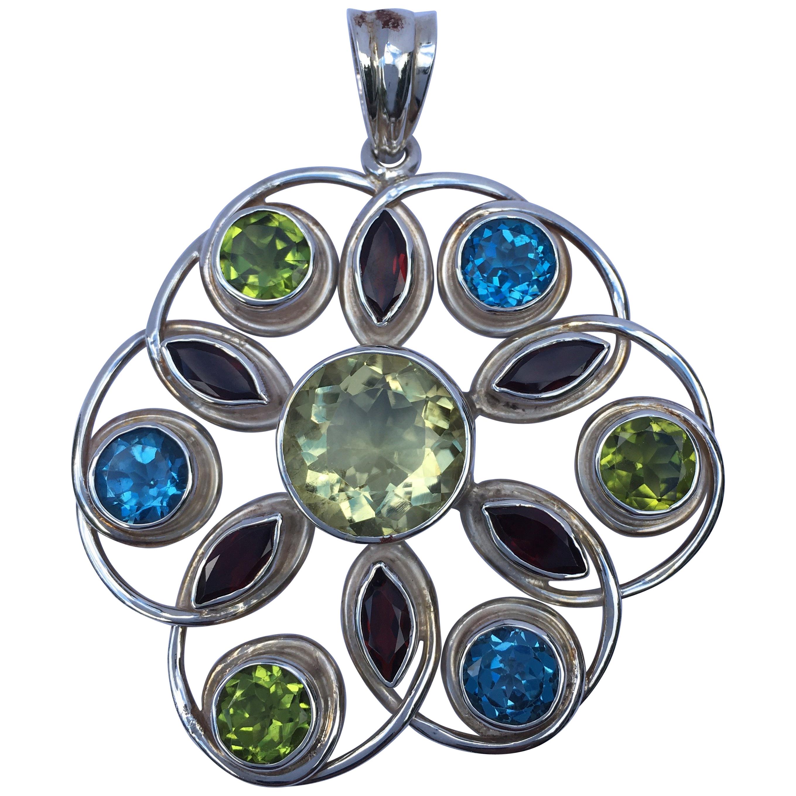 Lemon Quartz, Peridot, Blue Topaz and Garnet Pendant