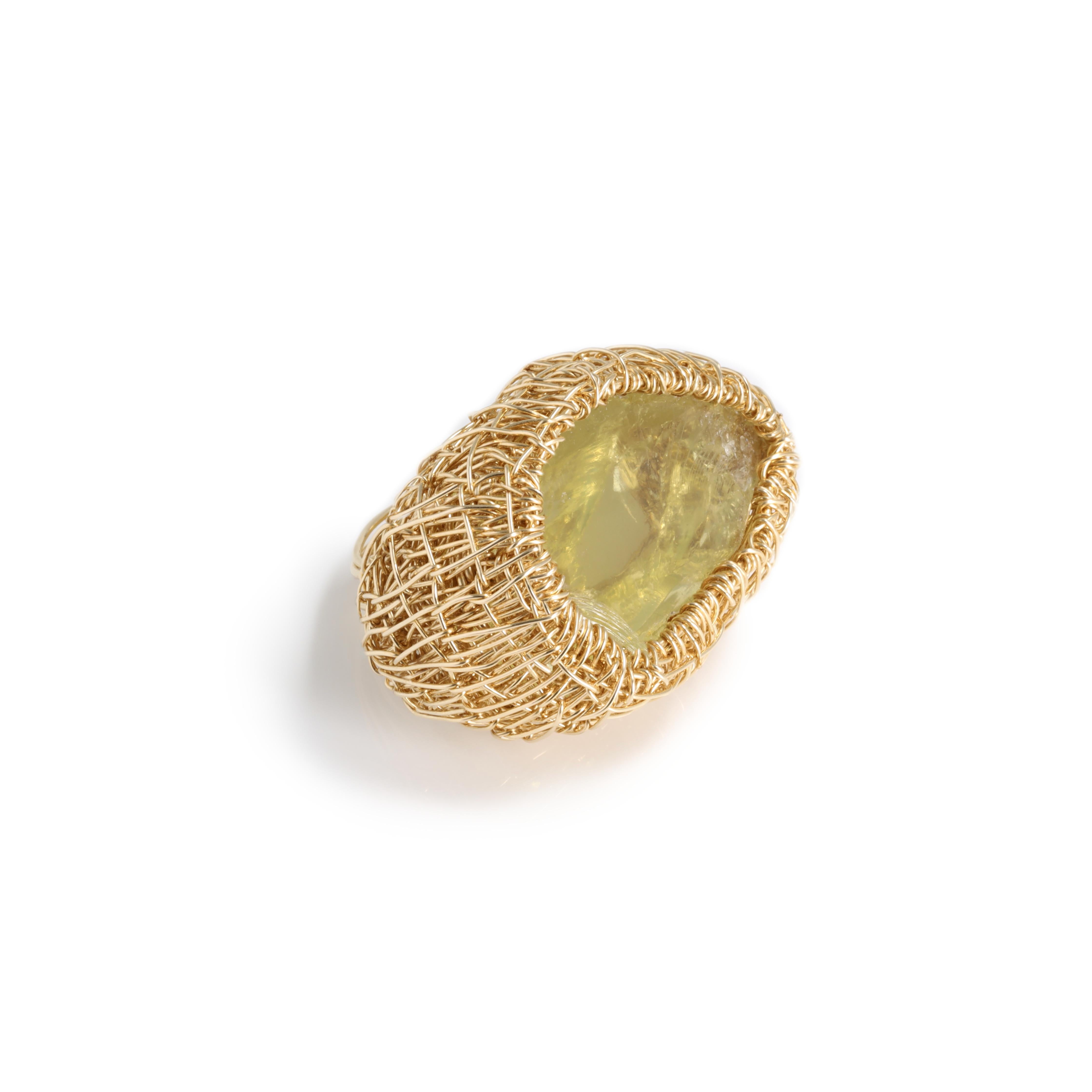 Contemporary Lemon Quartz Raw Stone Cocktail Ring in One-Off 14kt Gold Filled by the Artist For Sale