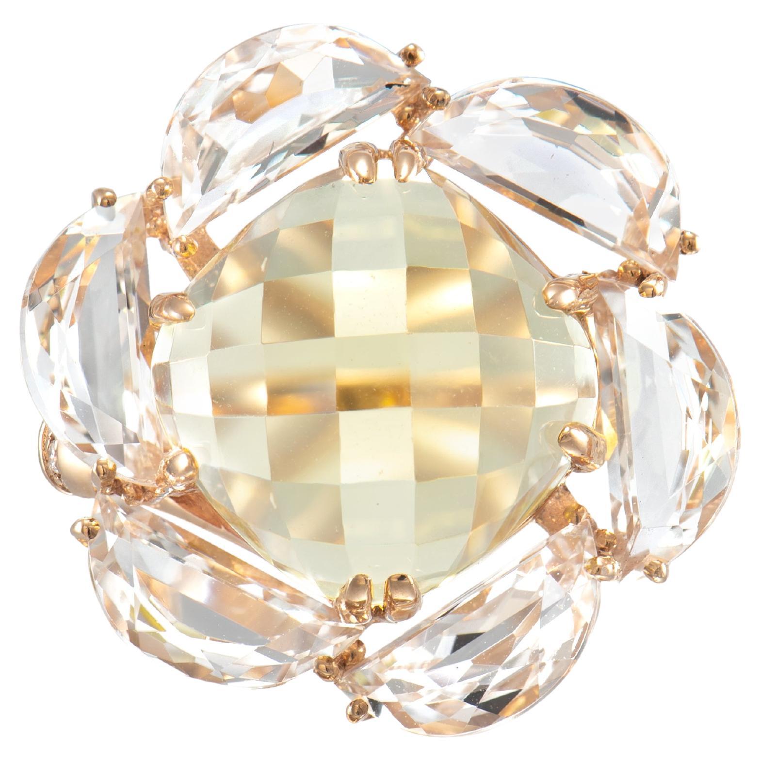 Bague en quartz citron en or rose 18 carats avec topaze et diamant. en vente