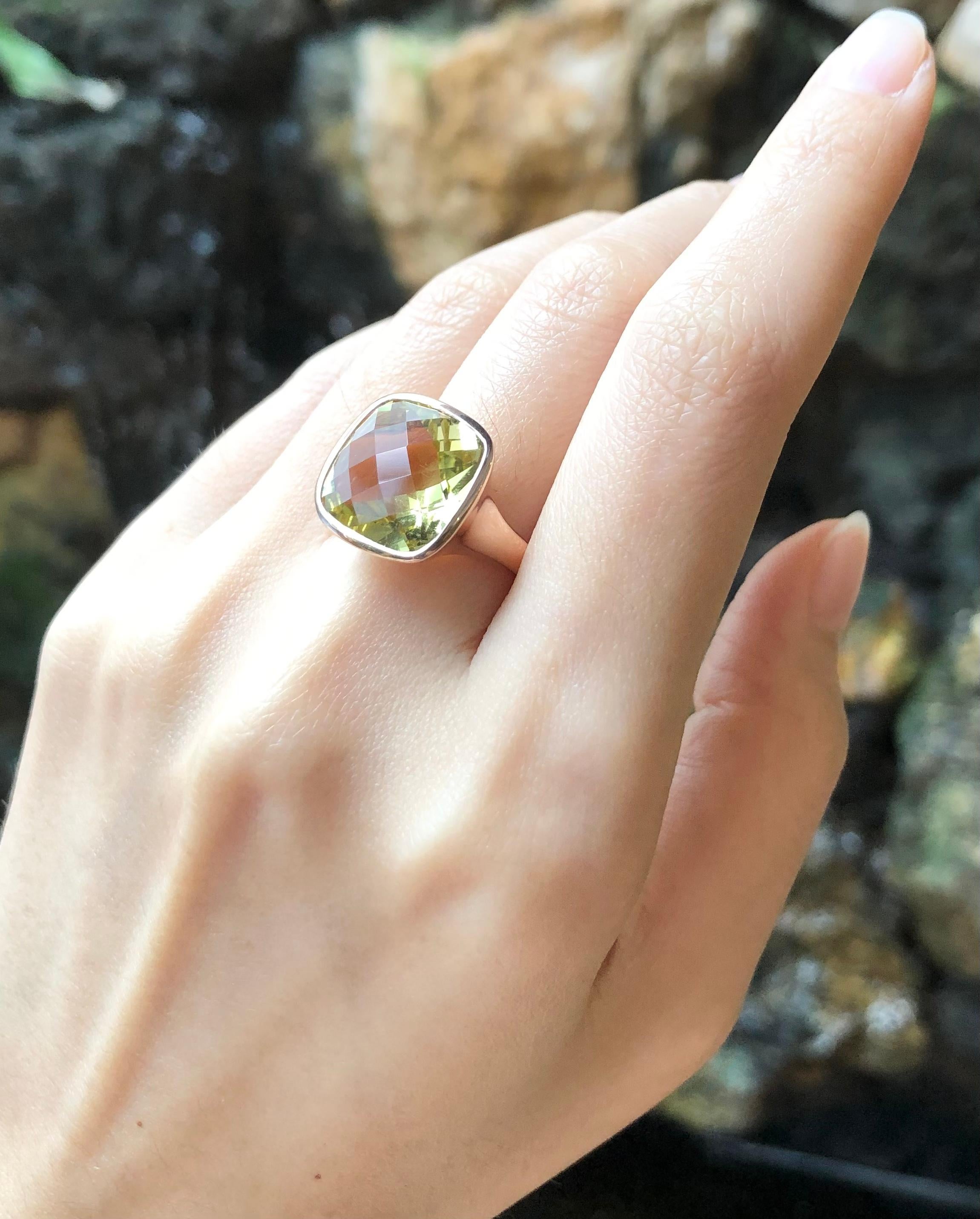 Cushion Cut Lemon Quartz Ring Set in 14 Karat Rose Gold Settings For Sale