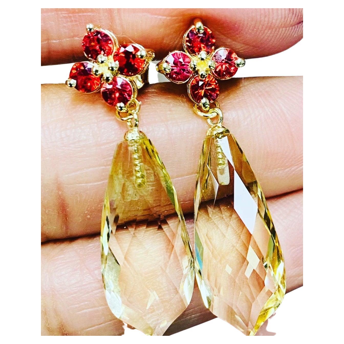 Lemon Quartz Sapphire Yellow Gold Drop Earrings