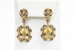 Lemon Quartz Smoky Topaz Yellow Beryl and Diamond Dangle Drop Floral Earrings