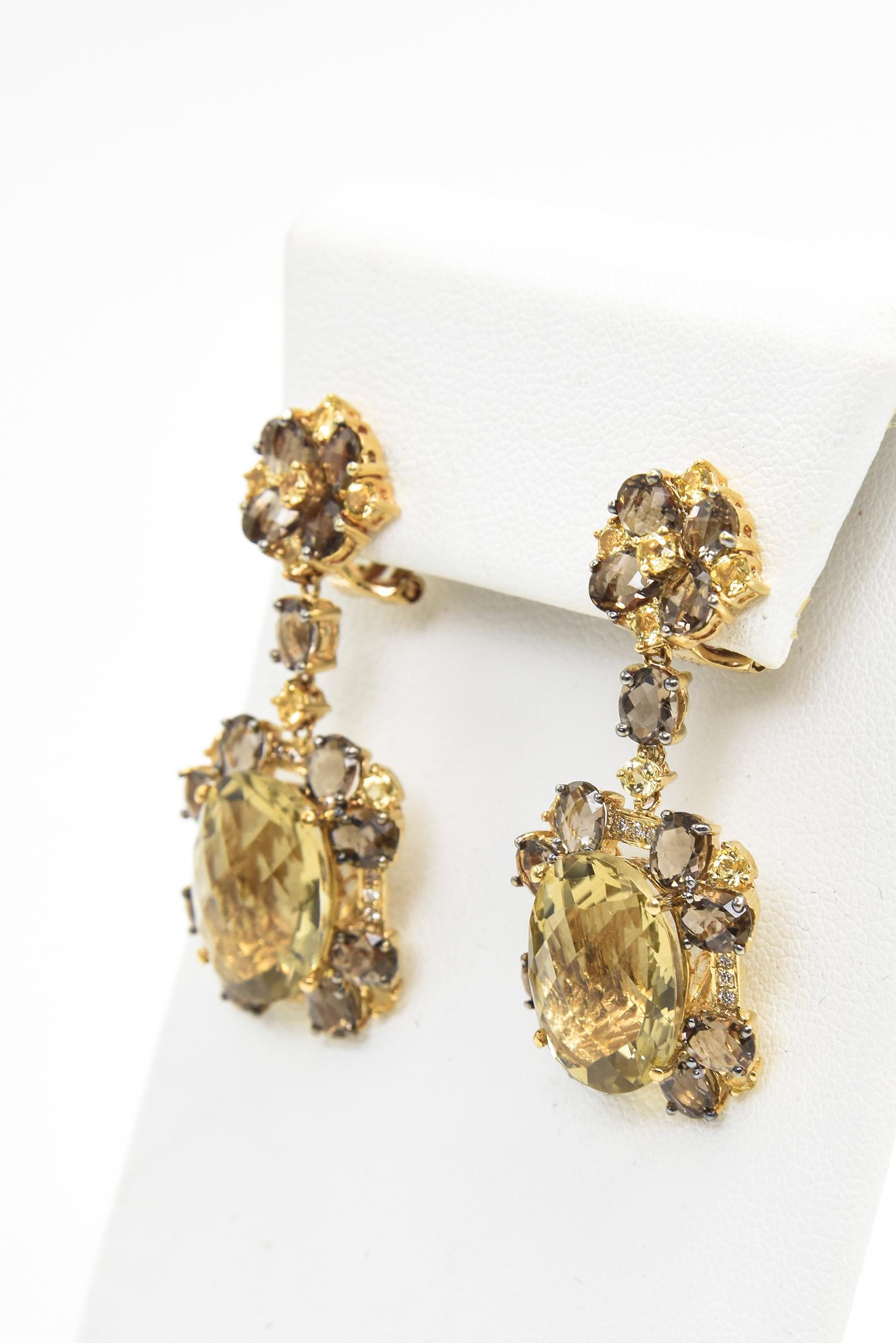 Lemon Quartz Smoky Topaz Yellow Beryl and Diamond Dangle Drop Floral Earrings In Excellent Condition For Sale In Miami Beach, FL