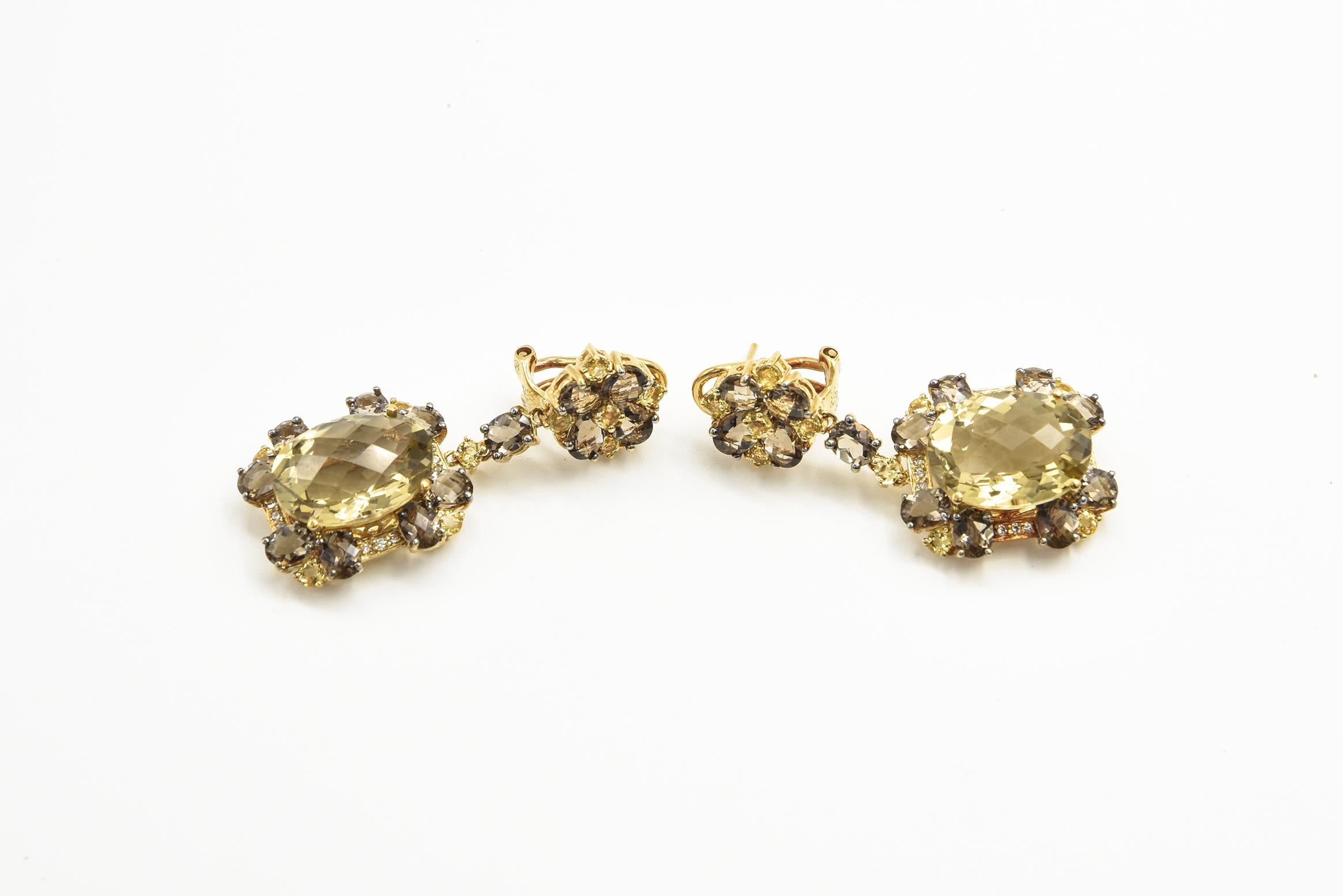 Women's or Men's Lemon Quartz Smoky Topaz Yellow Beryl and Diamond Dangle Drop Floral Earrings For Sale