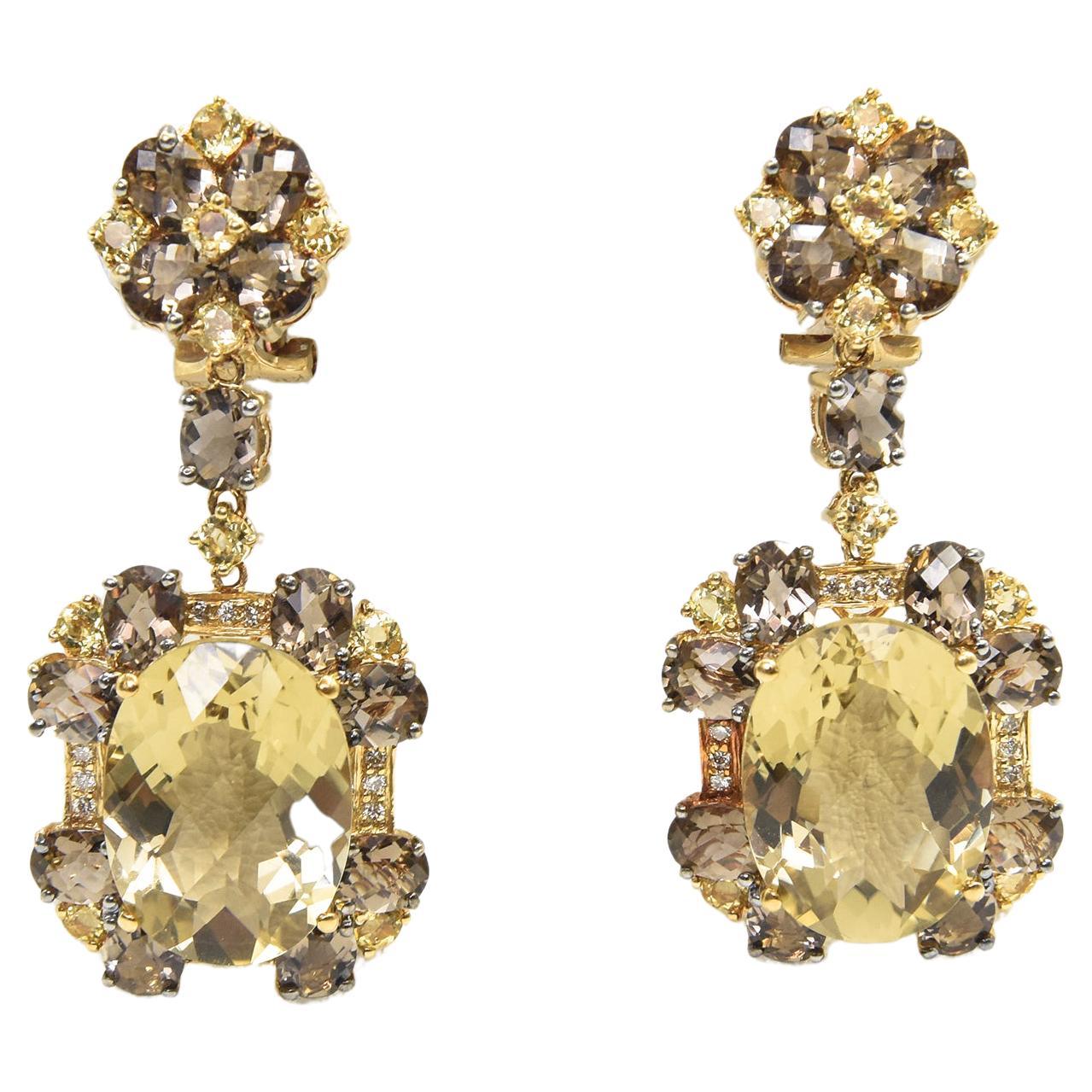 Lemon Quartz Smoky Topaz Yellow Beryl and Diamond Dangle Drop Floral Earrings