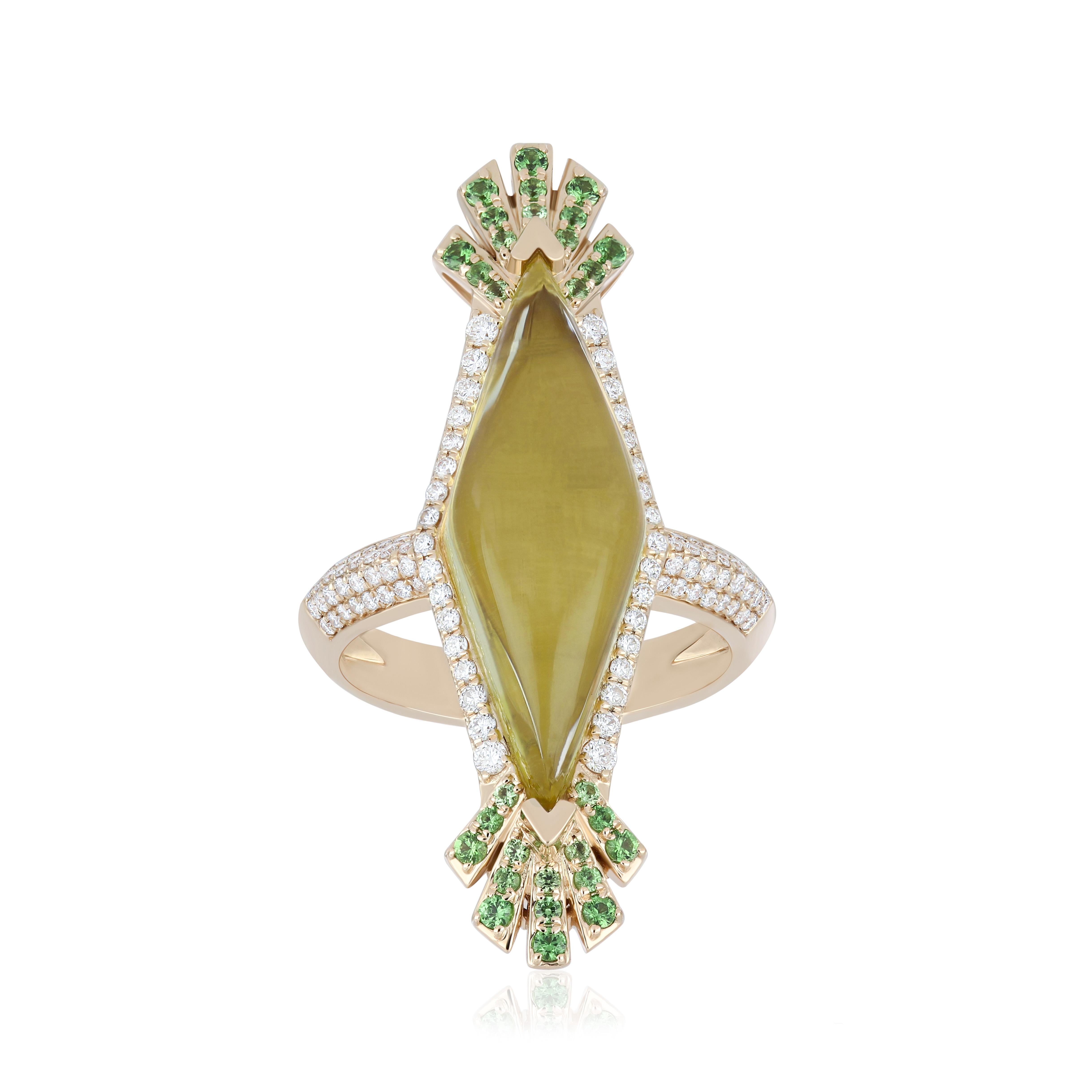 Experience the Epitome of Luxury: Impeccably Detailed 14 Karat Yellow Gold Ring, featuring a Stunning  7.30Cts (approx.) Fancy-Cab Lemon Quartz at Its Center, Embellished with Micro-Set Diamonds Weighing Approximately 0.50CTs. and attached Tsavorite