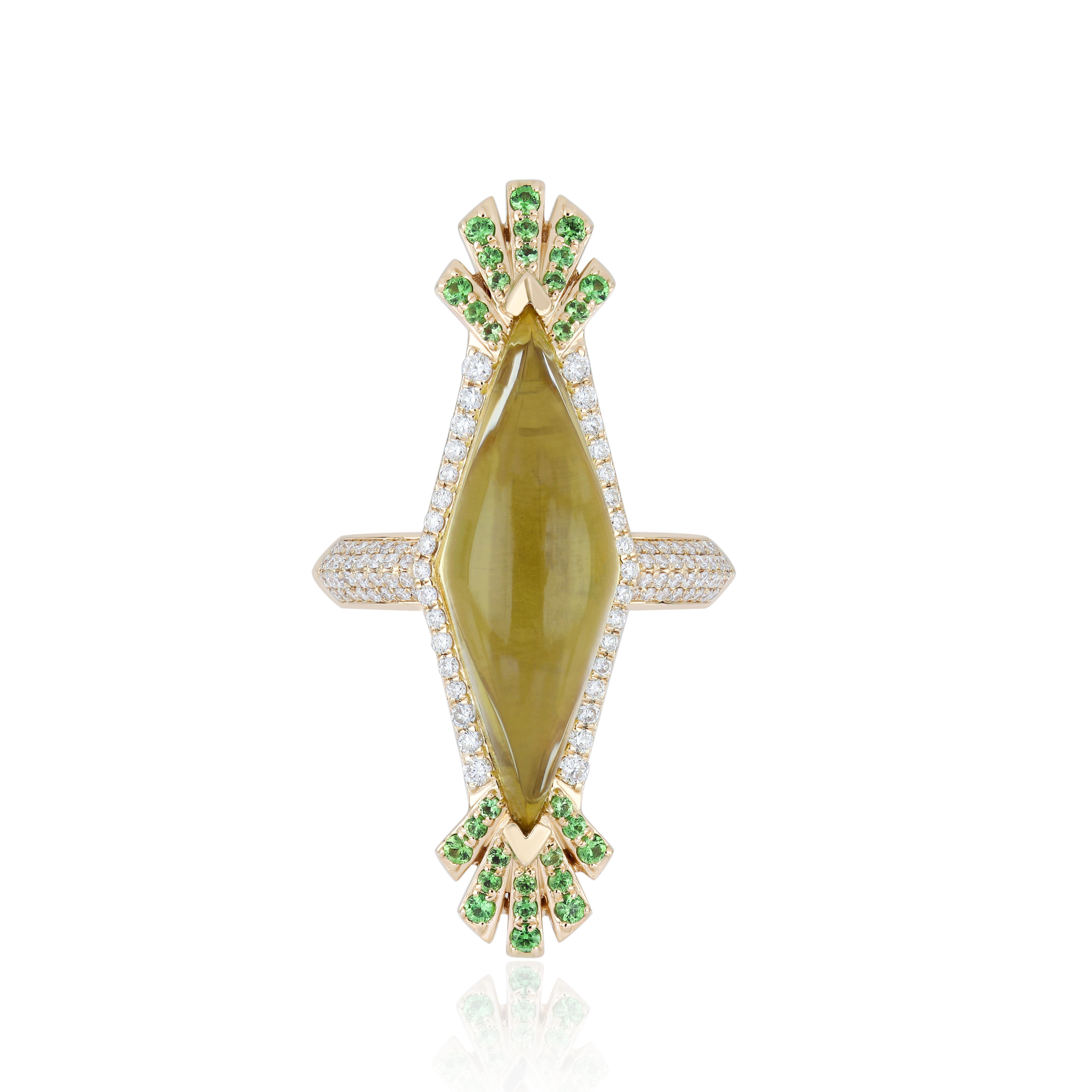 Modern Lemon Quartz, Tsavorite and Diamond Ring in 14K Yellow Gold Hand-Craft Ring For Sale
