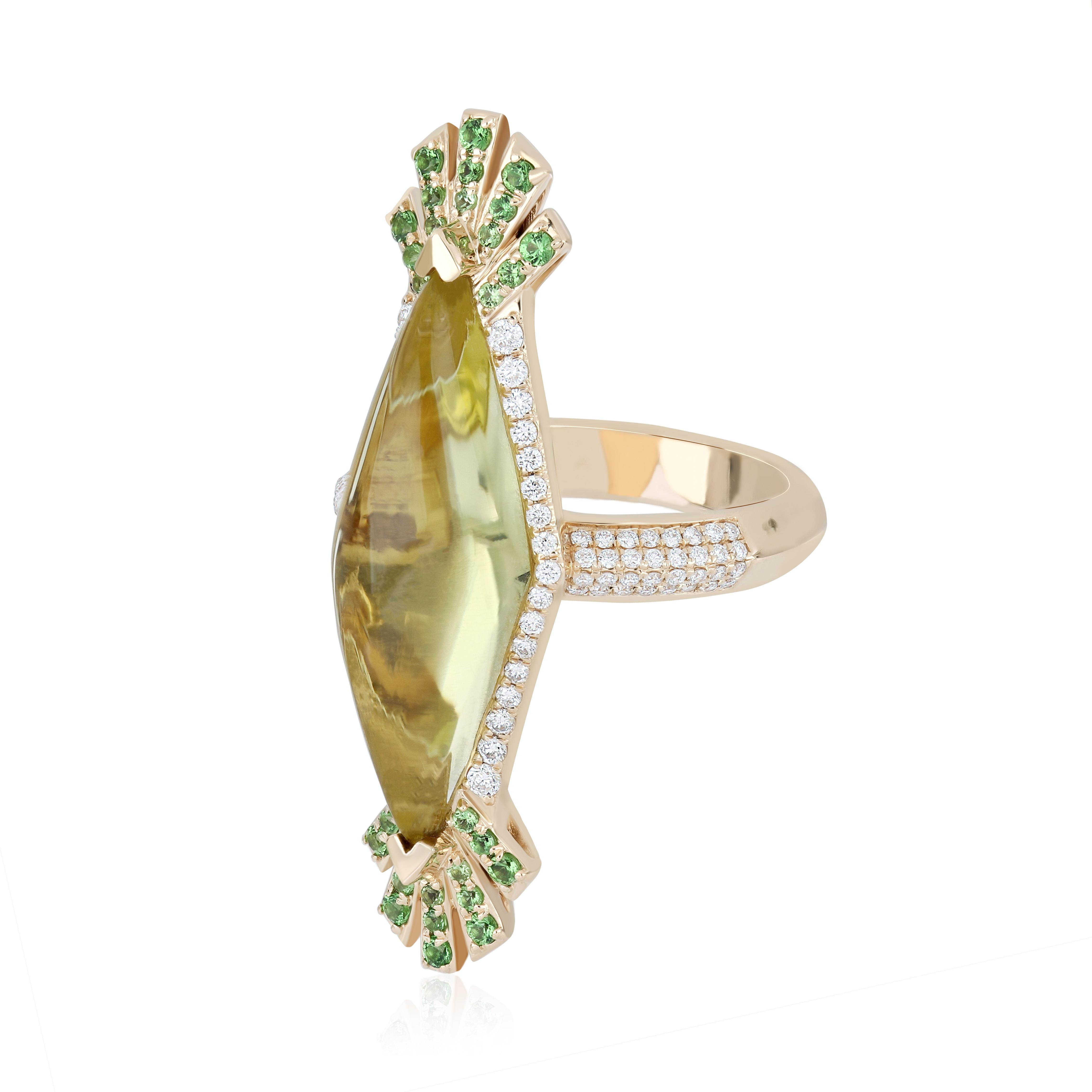 Marquise Cut Lemon Quartz, Tsavorite and Diamond Ring in 14K Yellow Gold Hand-Craft Ring For Sale