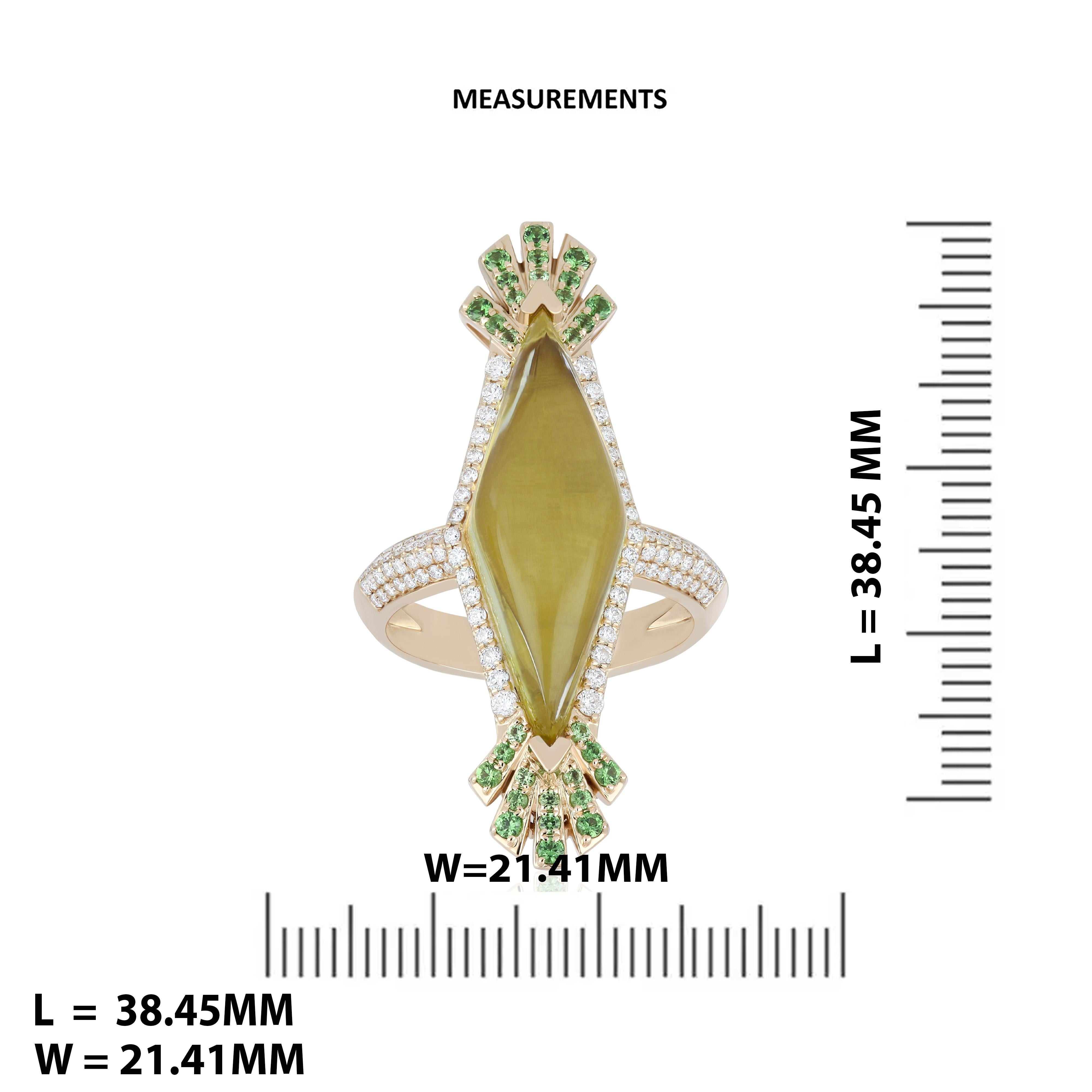 Lemon Quartz, Tsavorite and Diamond Ring in 14K Yellow Gold Hand-Craft Ring In New Condition For Sale In JAIPUR, IN