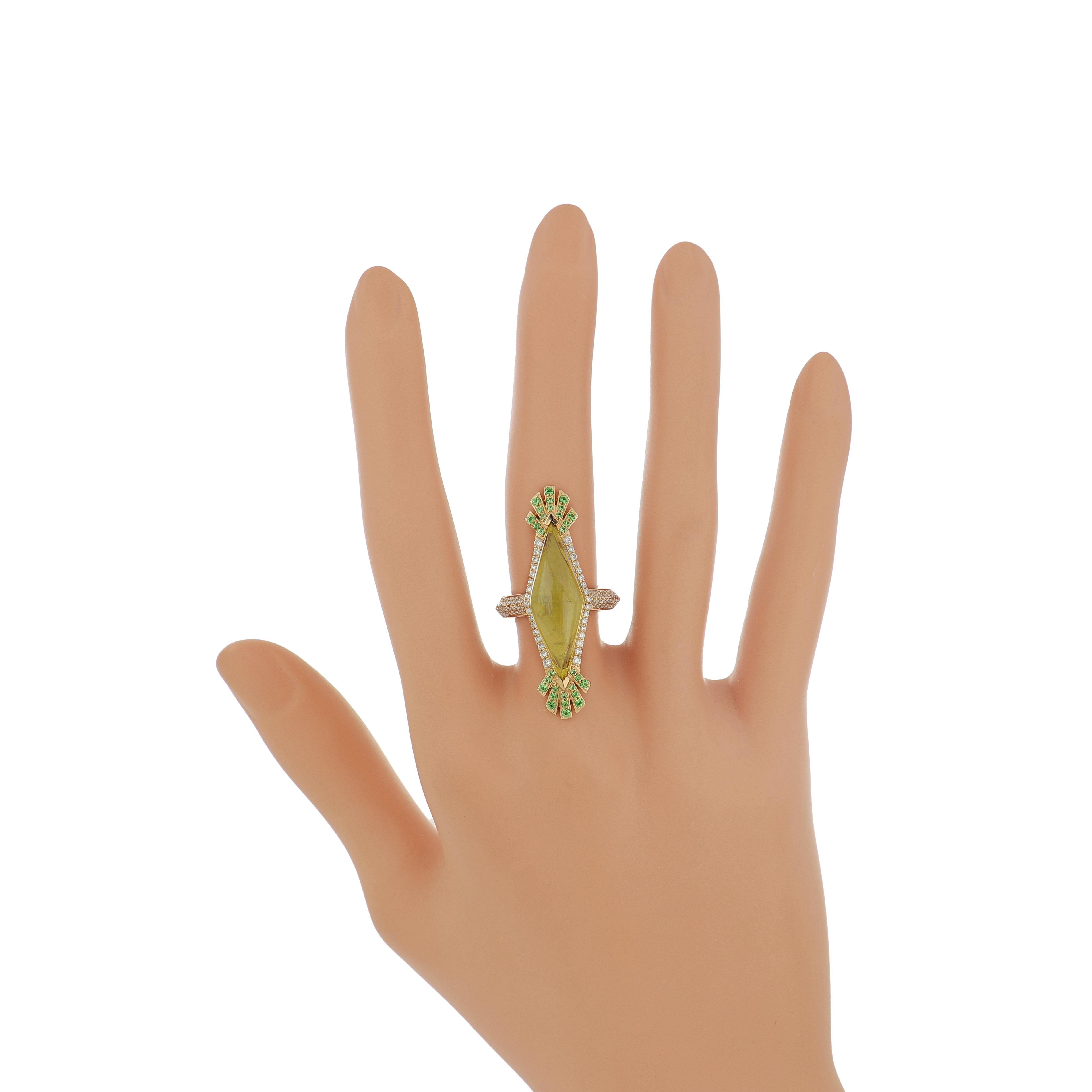 Women's Lemon Quartz, Tsavorite and Diamond Ring in 14K Yellow Gold Hand-Craft Ring For Sale